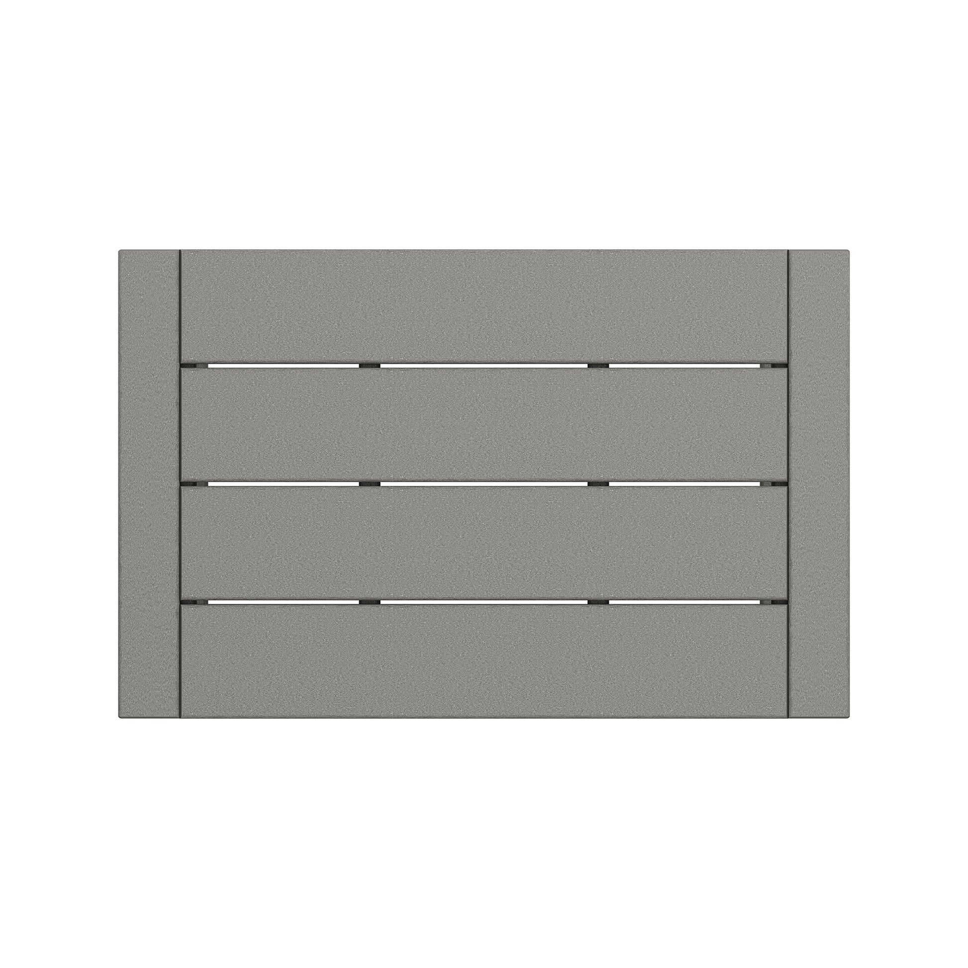 A gray, horizontal, five-slat window shutter mounted on a flat, neutral-toned wall featuring POLYWOOD EDGE Coffee Table.