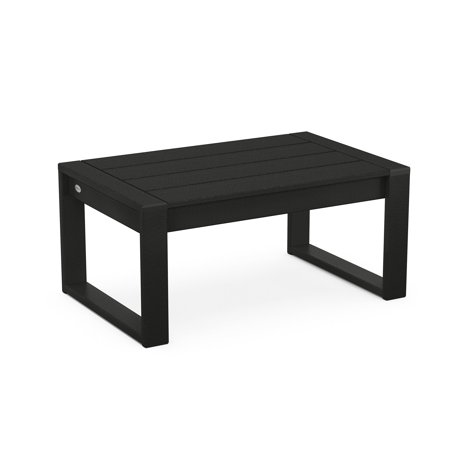A modern black POLYWOOD EDGE Coffee Table with a slatted top design and a rectangular shape, crafted from durable POLYWOOD lumber, displayed on a white background.