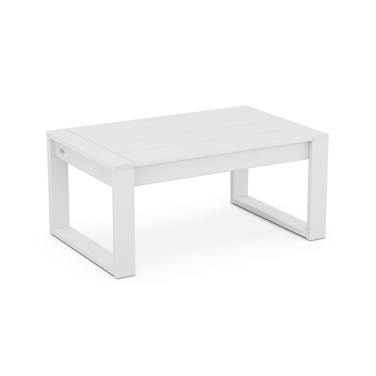 POLYWOOD EDGE Coffee Table with a white slatted top and open sides, crafted from durable POLYWOOD lumber.