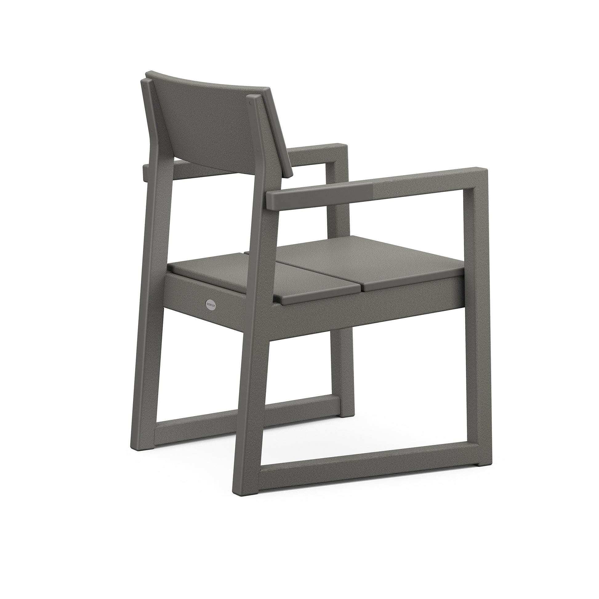 A modern gray outdoor dining chair made of POLYWOOD EDGE lumber, with a solid backrest and armrests, featuring a minimalist design and sturdy square legs, isolated on a white background.