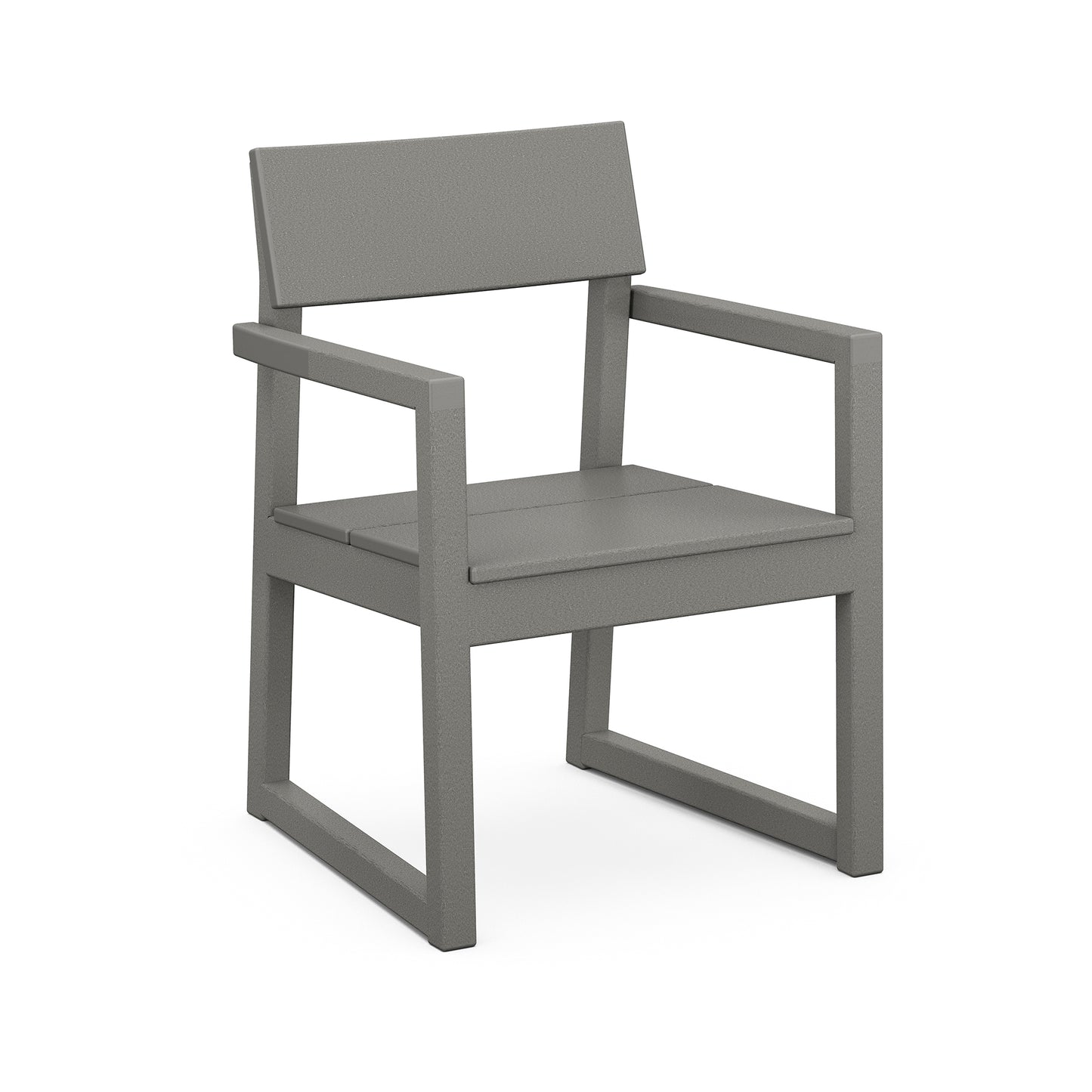 Durable POLYWOOD EDGE Dining Arm Chair with solid gray finish and boxy armrest design.