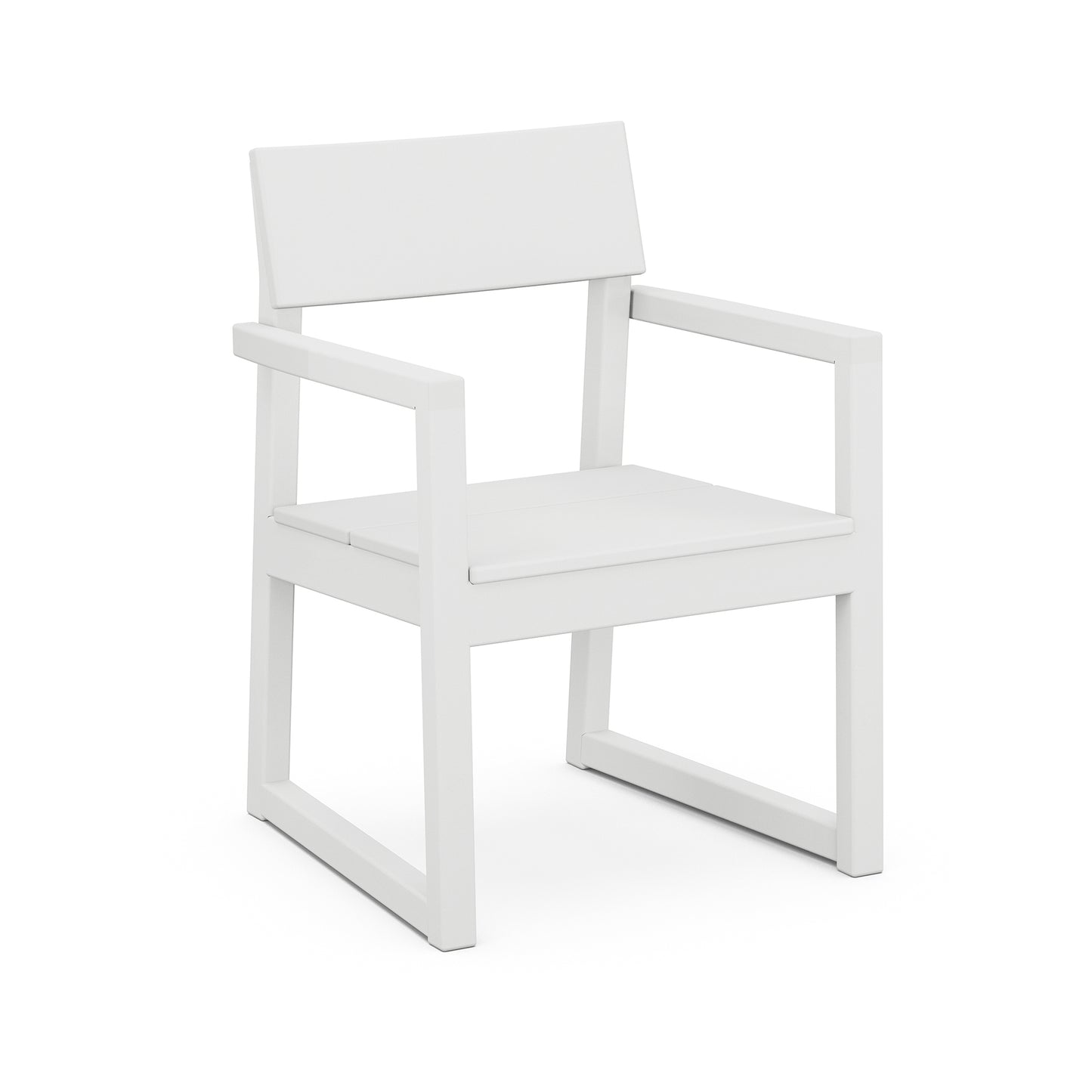 A minimalist white outdoor dining chair featuring a square seat, a flat backrest, and angular legs crafted from POLYWOOD lumber, isolated on a white background.