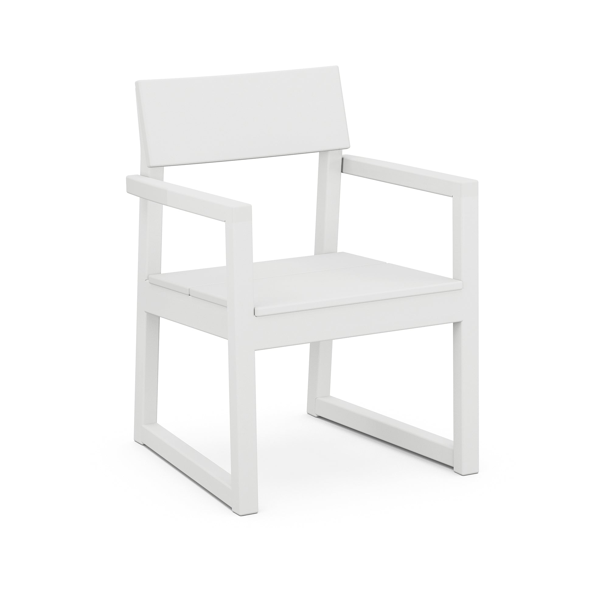 Modern POLYWOOD EDGE Dining Arm Chair in white featuring a flat backrest, armrests, and crafted from genuine POLYWOOD lumber.