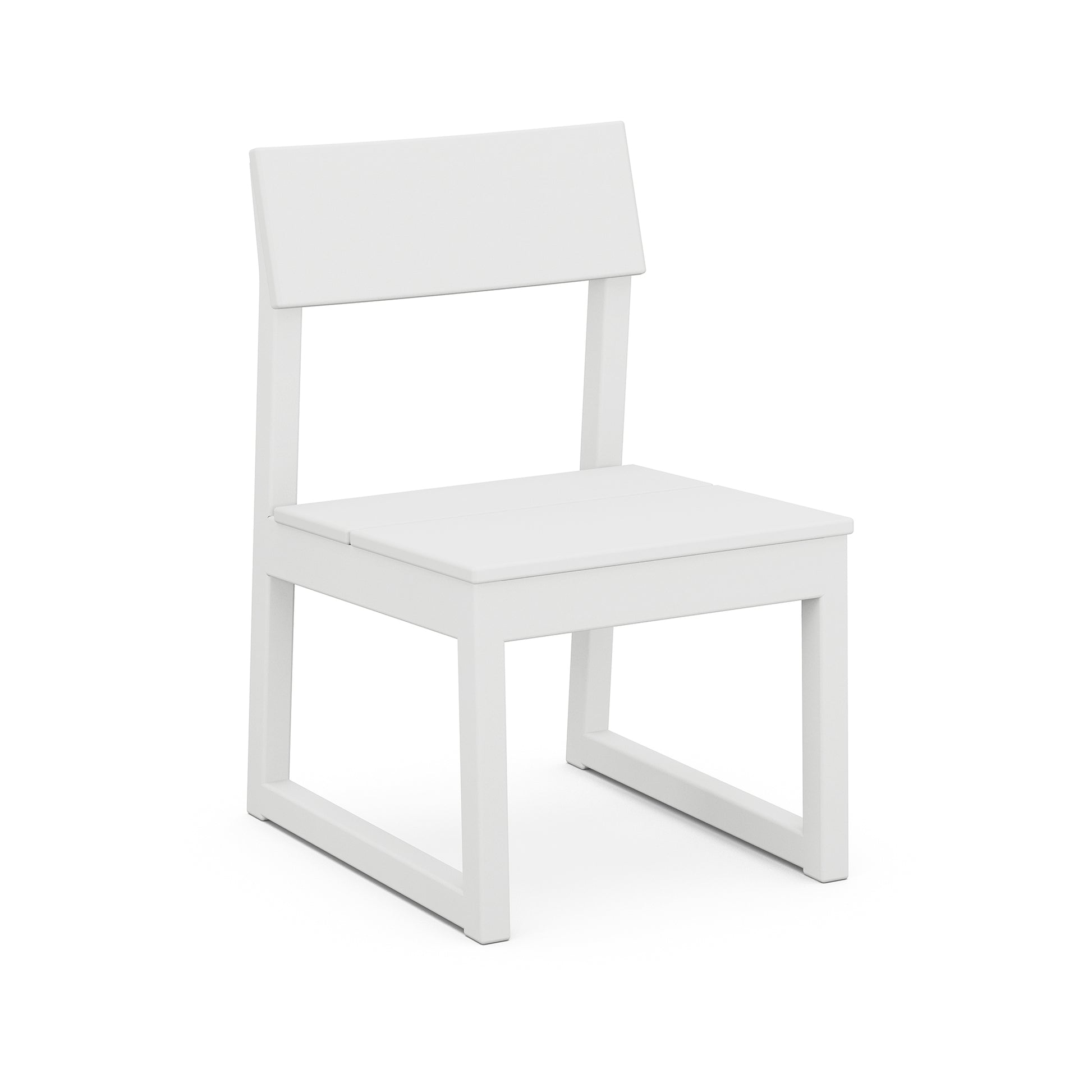 A minimalist white POLYWOOD EDGE Dining Side Chair with a square seat and backrest, featuring a simple, geometric frame with marine-grade hardware, isolated on a white background.
