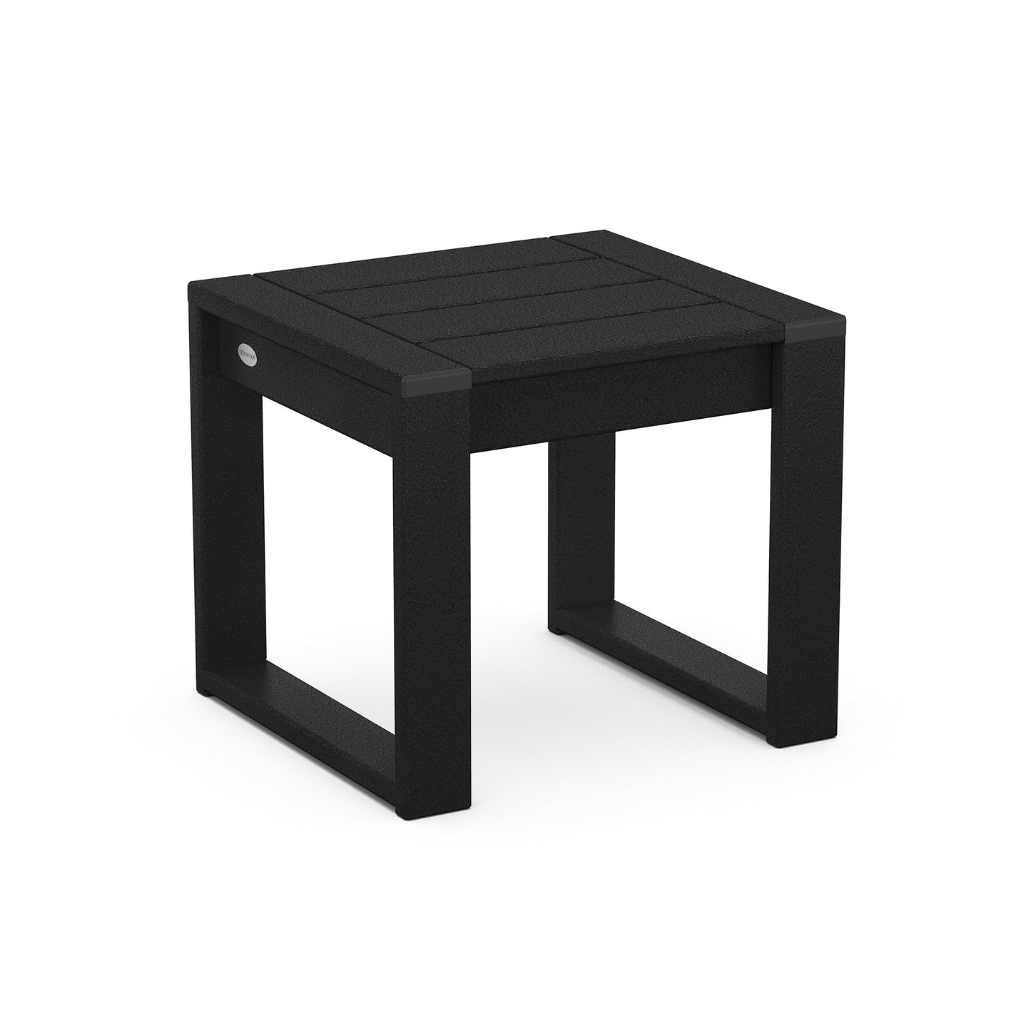 A 3D rendering of a small, modern black POLYWOOD EDGE End Table with a ribbed top design and square legs, shown against a plain white background.