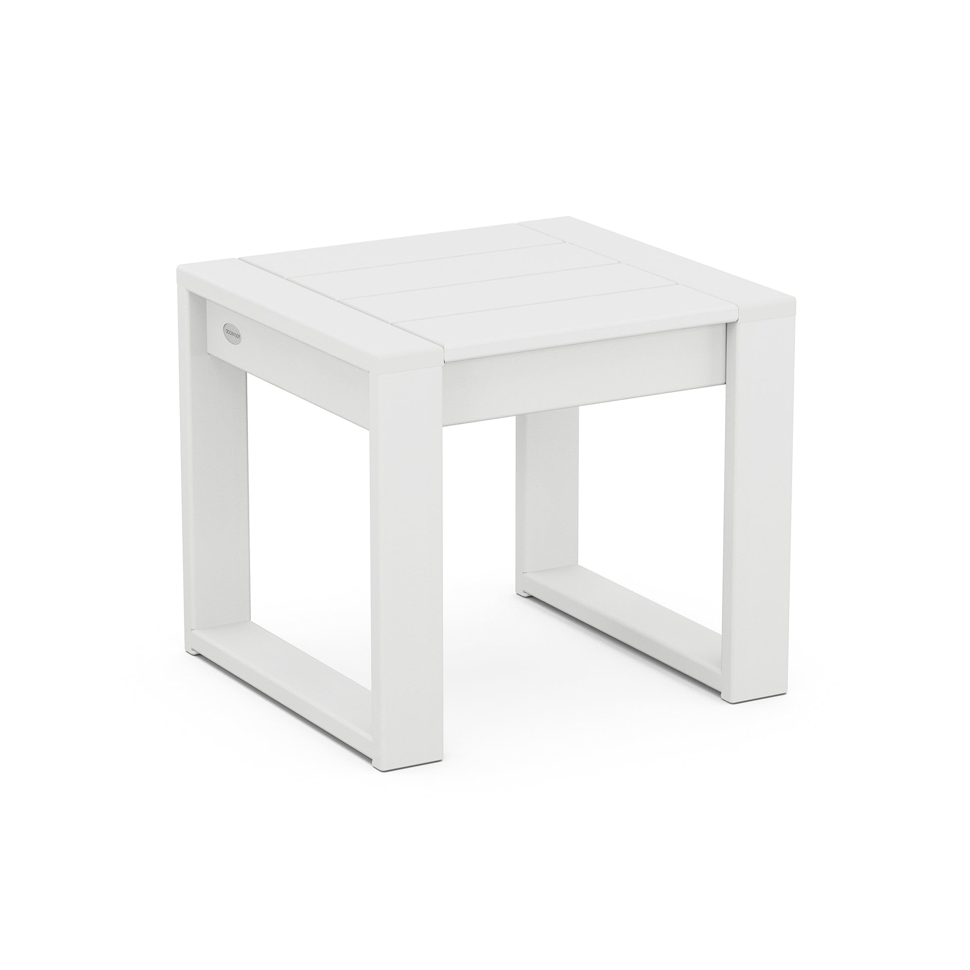 A simple white POLYWOOD EDGE End Table with a square top and a lower shelf, featuring clean lines and minimalist design, isolated on a white background.