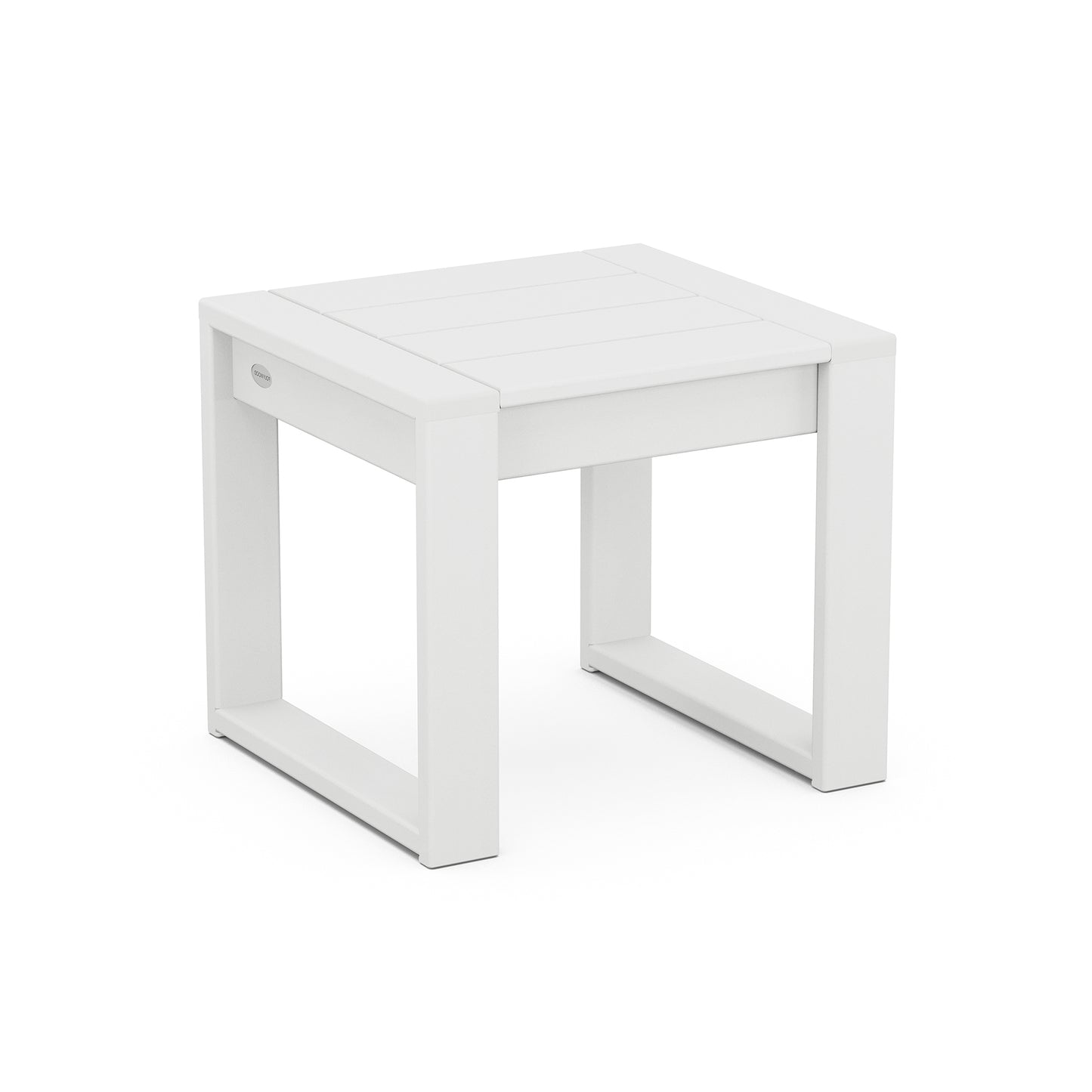 Small white POLYWOOD EDGE End Table with slatted top and open sides, perfect for outdoor use.