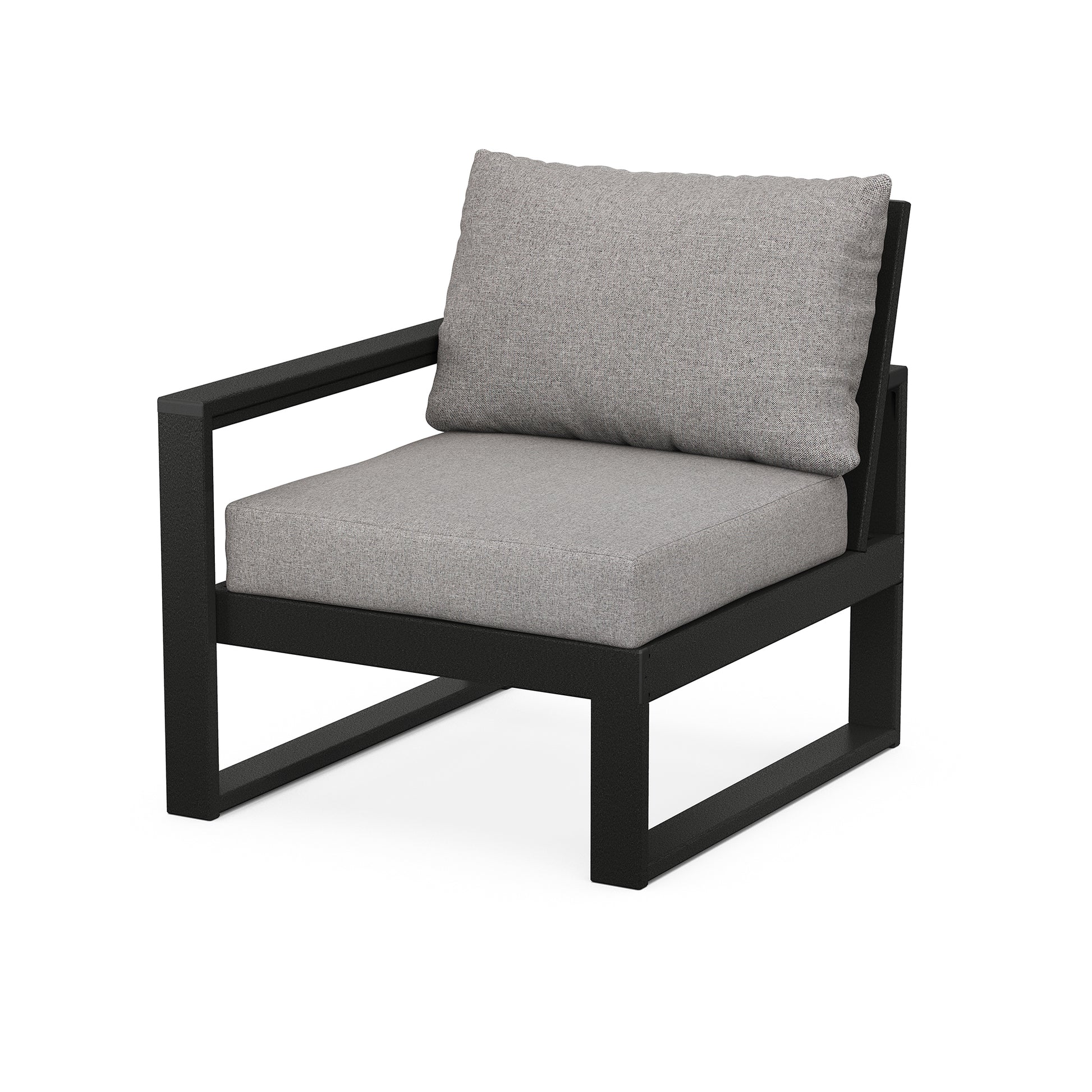 POLYWOOD EDGE Modular Left Arm Chair with black metal frame and gray cushions.