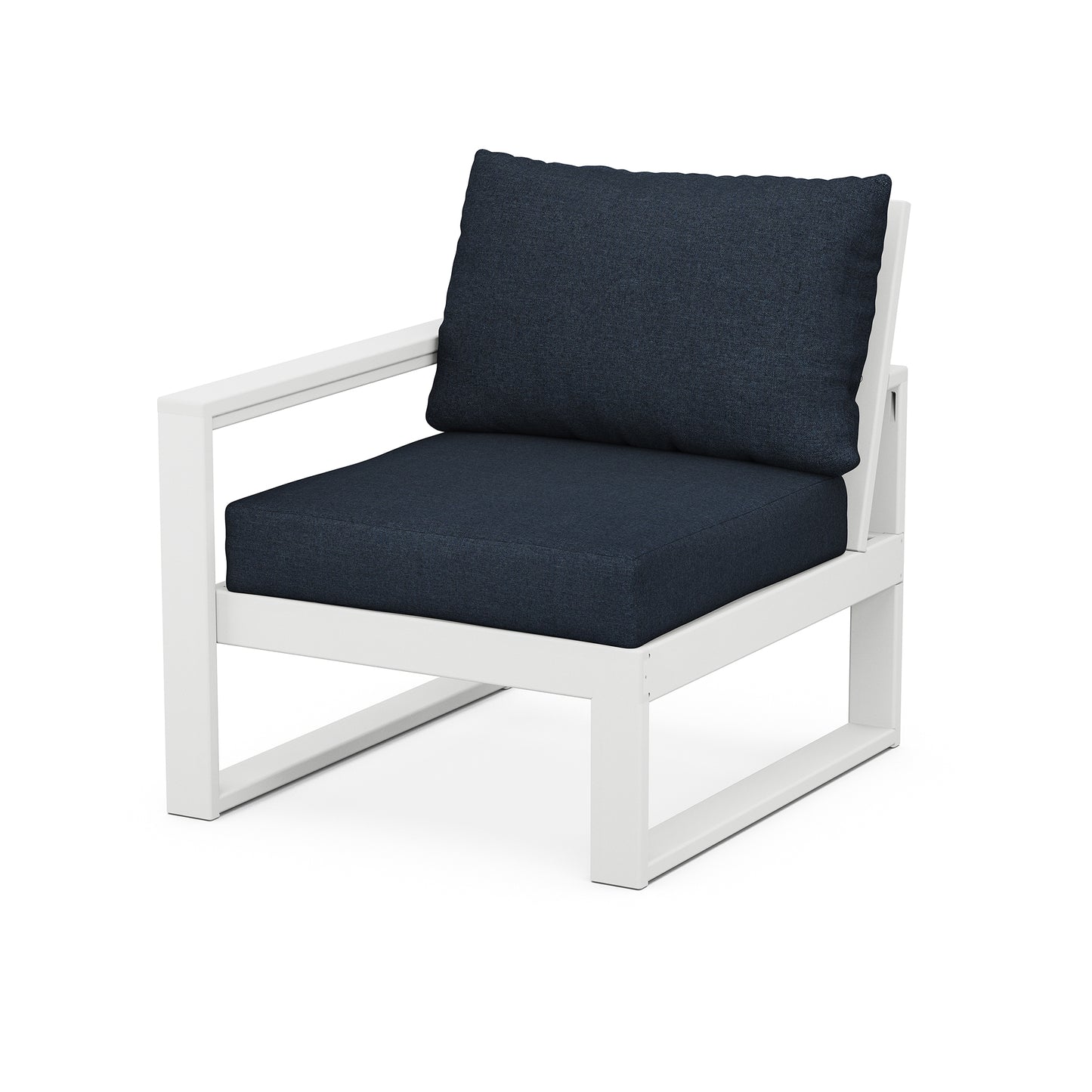 Modern POLYWOOD EDGE Modular Left Arm Chair in white featuring dark blue cushions for stylish outdoor seating.