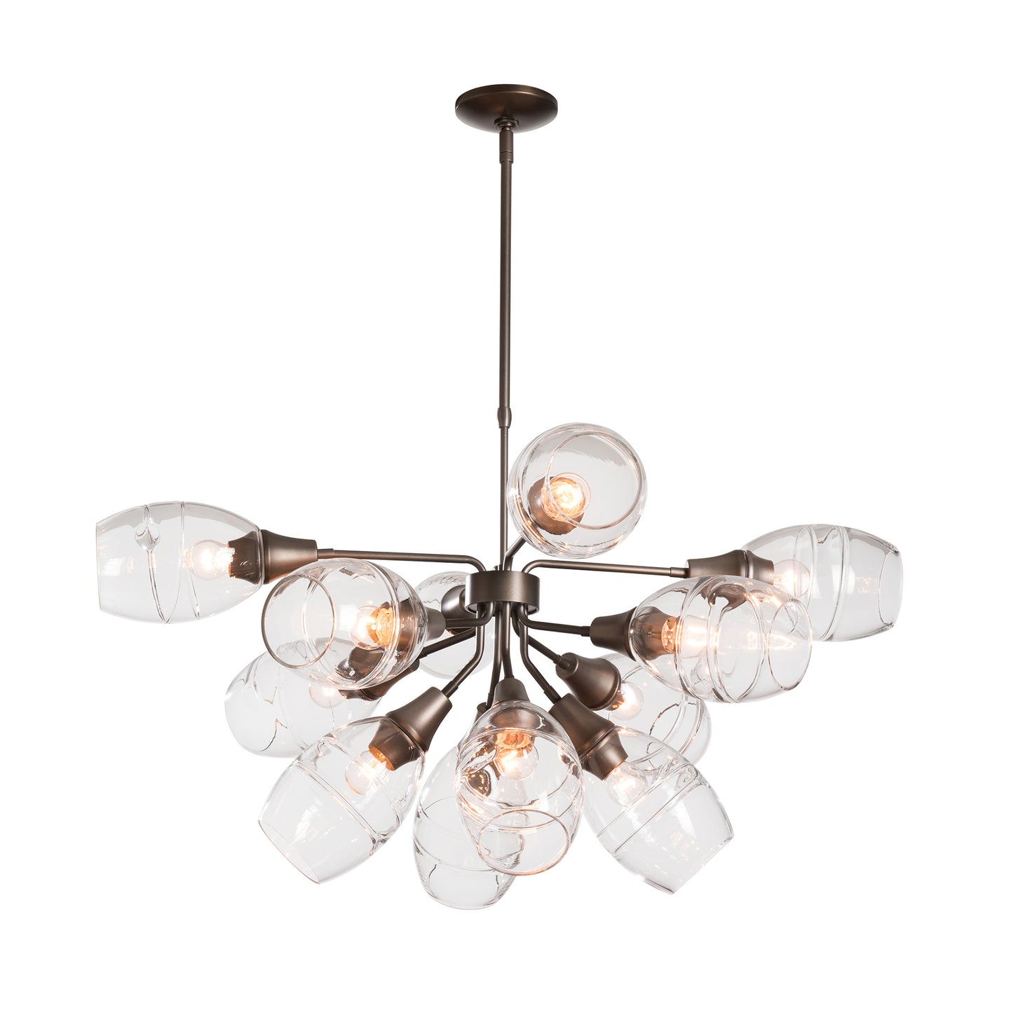 A Hubbardton Forge pendant chandelier adorned with a multitude of glass balls, designed for space travel enthusiasts.