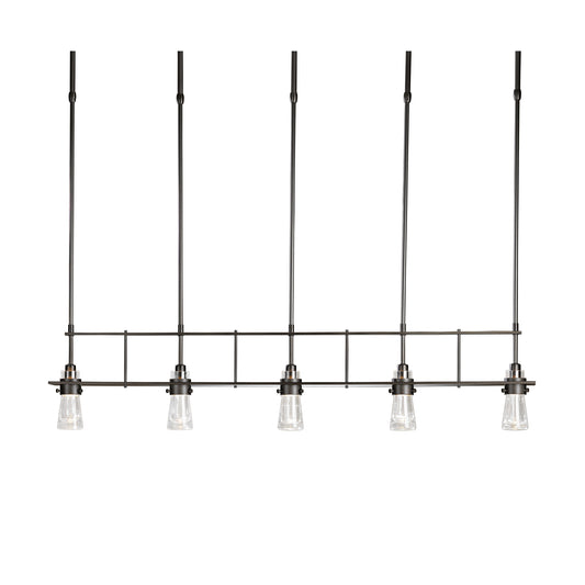 An "Erlenmeyer 5-Light Pendant" fixture by Hubbardton Forge with a metal frame.