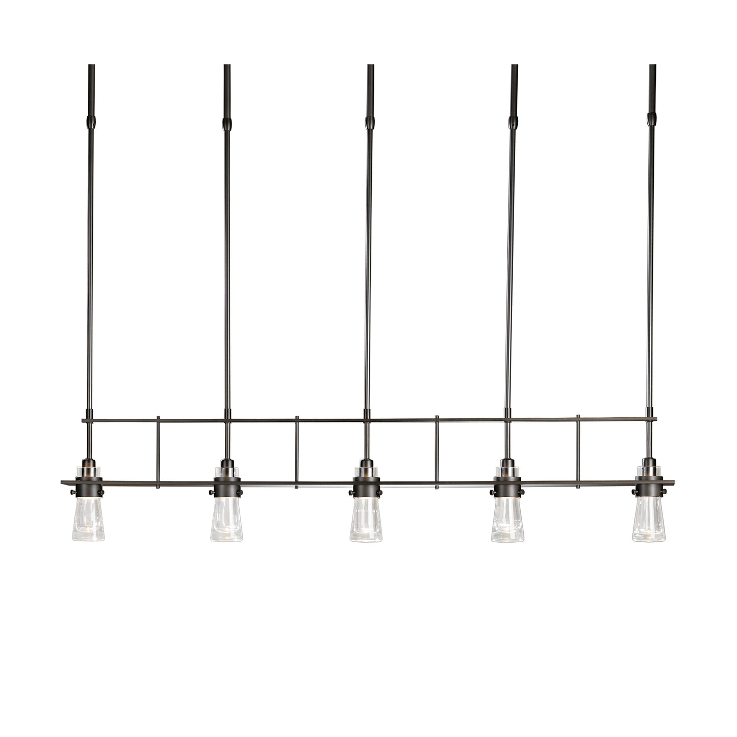 Erlenmeyer 5-Light Pendant by Hubbardton Forge with clear glass shades on black metal rods, showcasing a sleek, modern industrial design.