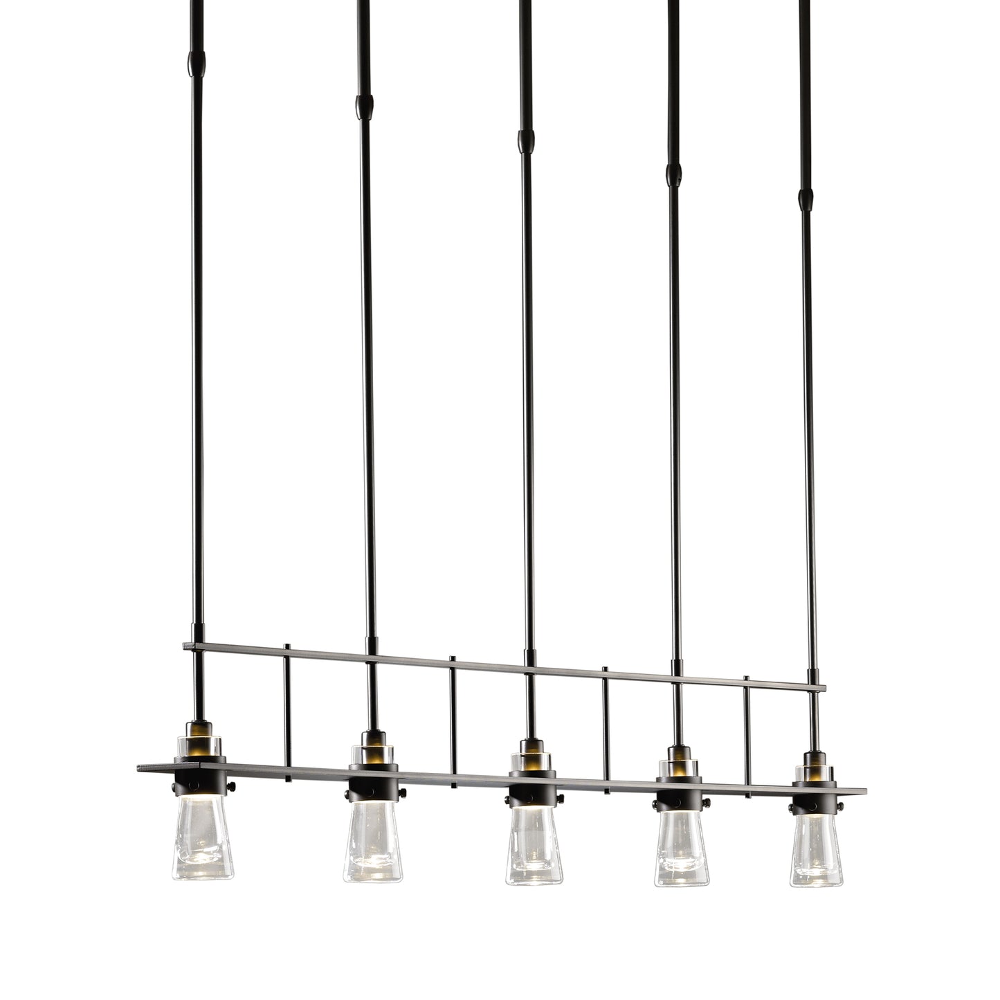 Five handcrafted glass pendants on a sleek black metal frame with vertical rods from the Hubbardton Forge Erlenmeyer collection.