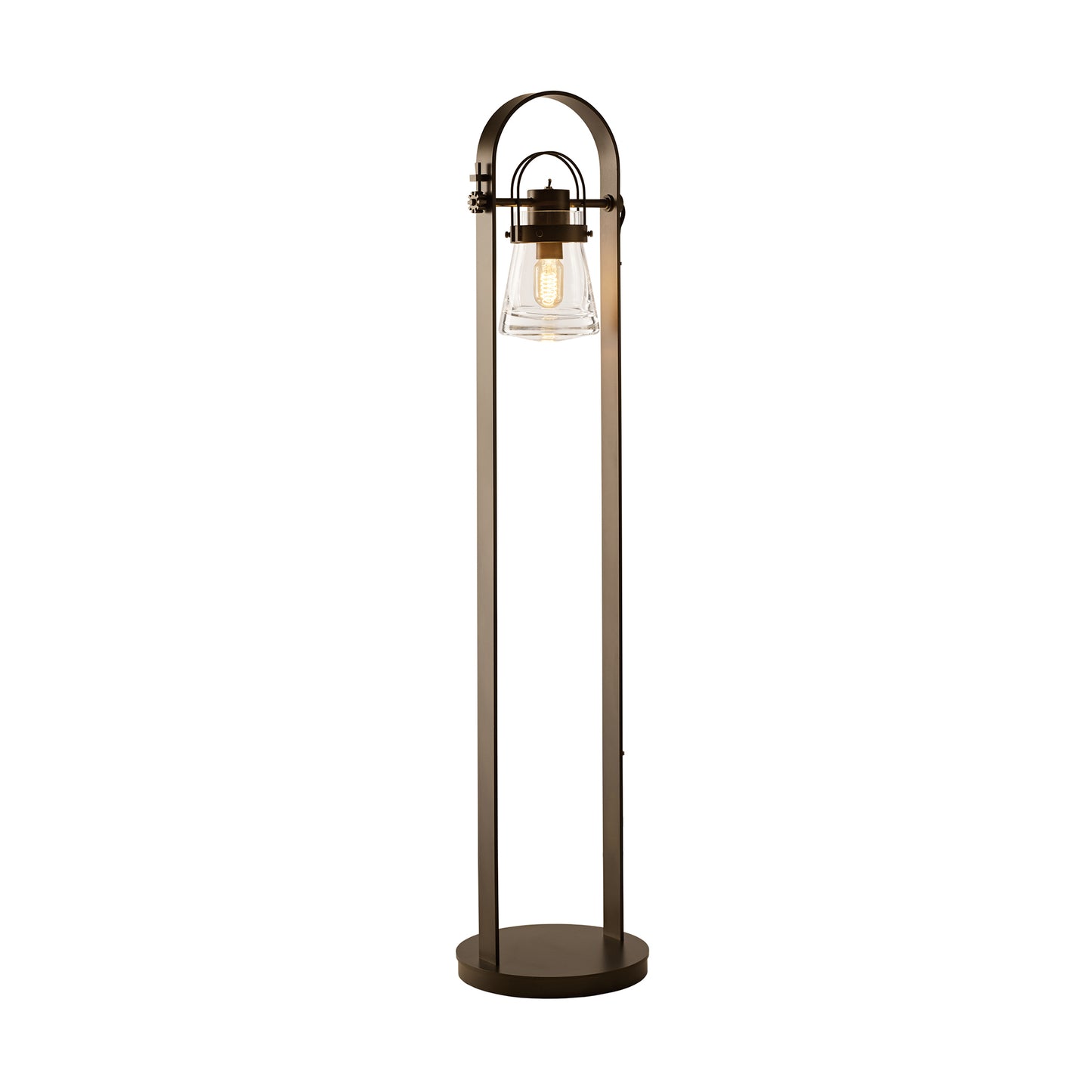 Hubbardton Forge Erlenmeyer Floor Lamp with circular base, lantern-style light, and Edison bulb in tall arched metal frame.