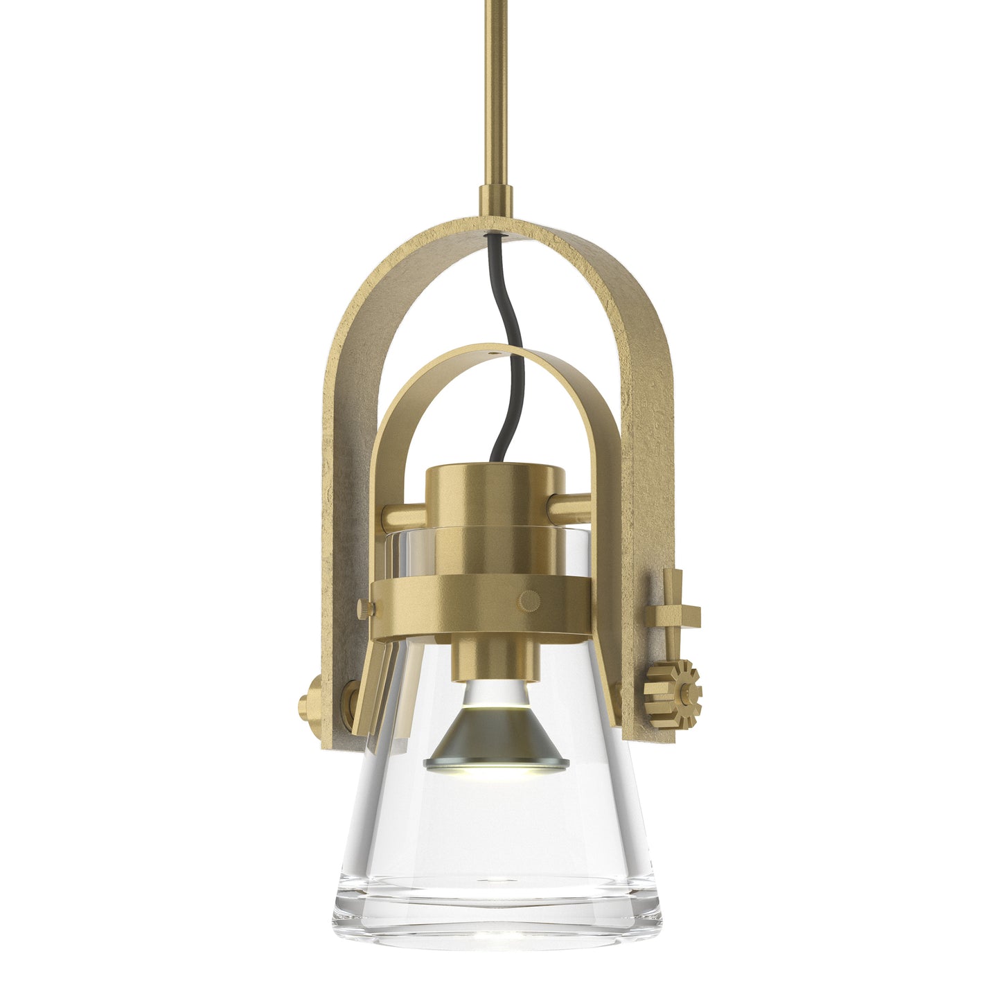 Erlenmeyer Large Mini Pendant by Hubbardton Forge with hand-forged steel, gold accents, glass shade, and exposed bulb in a modern industrial design.