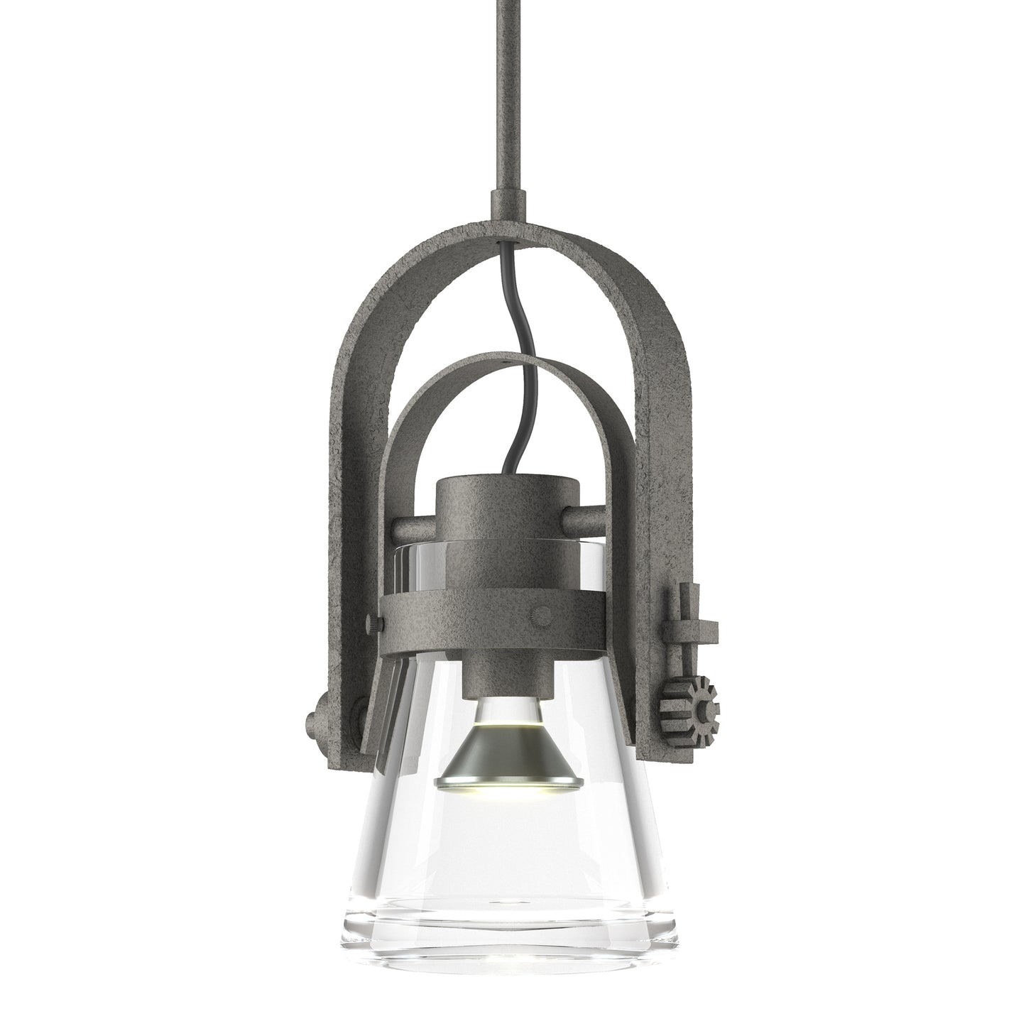Erlenmeyer Large Mini Pendant by Hubbardton Forge with hand-forged steel frame, exposed hardware, and clear glass shade, showcasing expert craftsmanship.