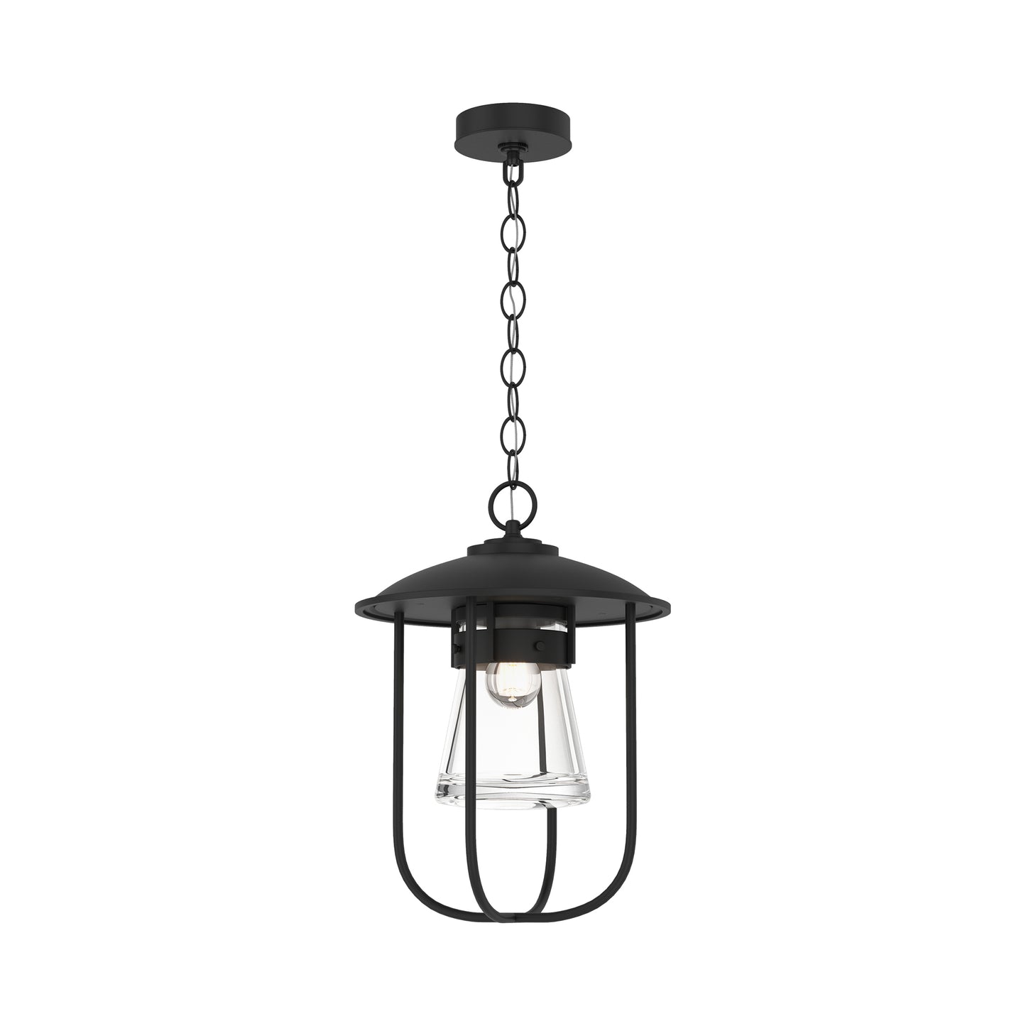 Close-up of the Hubbardton Forge Erlenmeyer Outdoor Pendant with a sleek black metal frame and clear glass, showcasing artisan American craftsmanship.