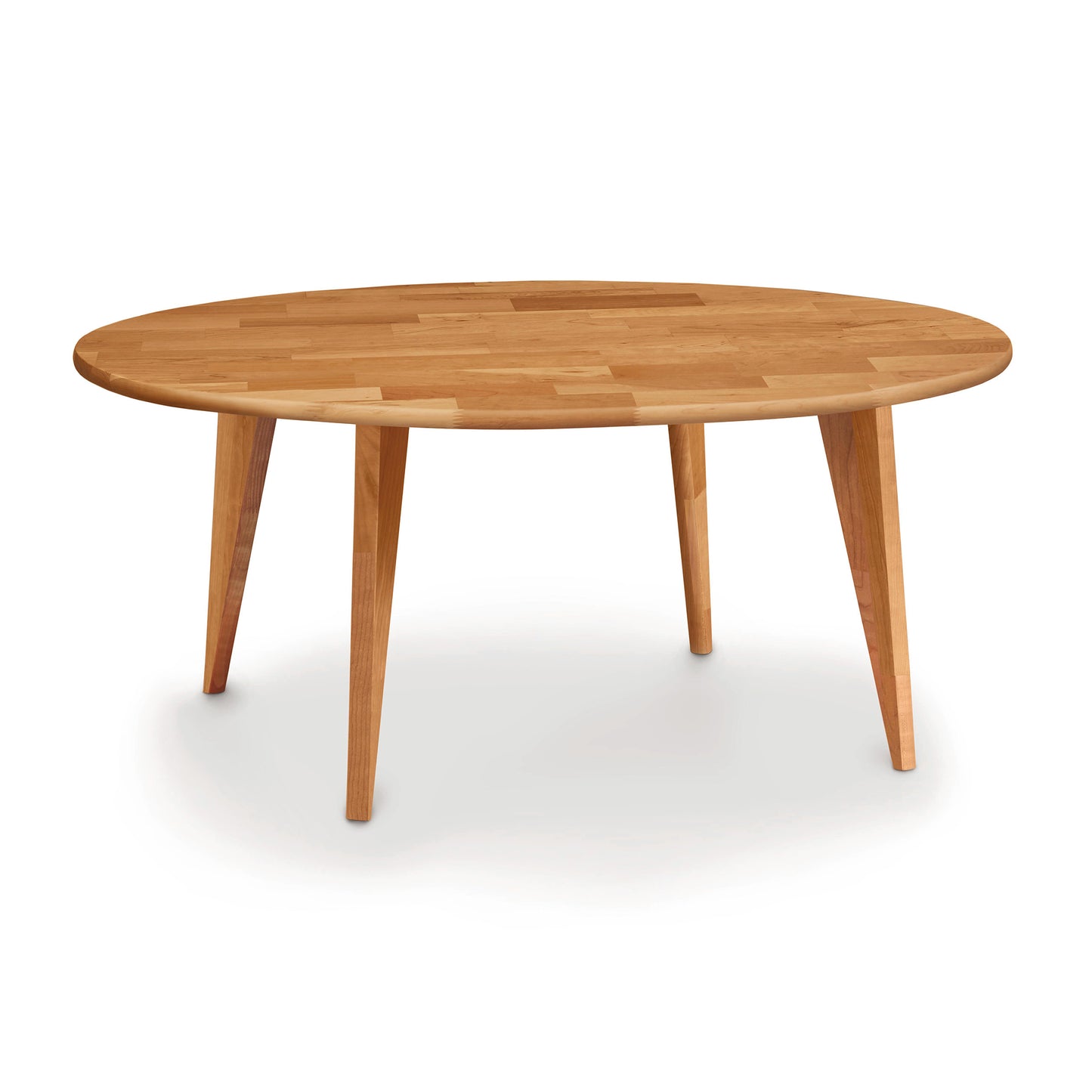 A Copeland Furniture Essentials Cherry Round Coffee Table with Wood Legs, isolated on a white background.