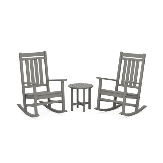 Two POLYWOOD® Estate 3-Piece Rocking Chair Sets facing one another with a small round table between them, set on a plain white background, featuring marine-grade hardware.