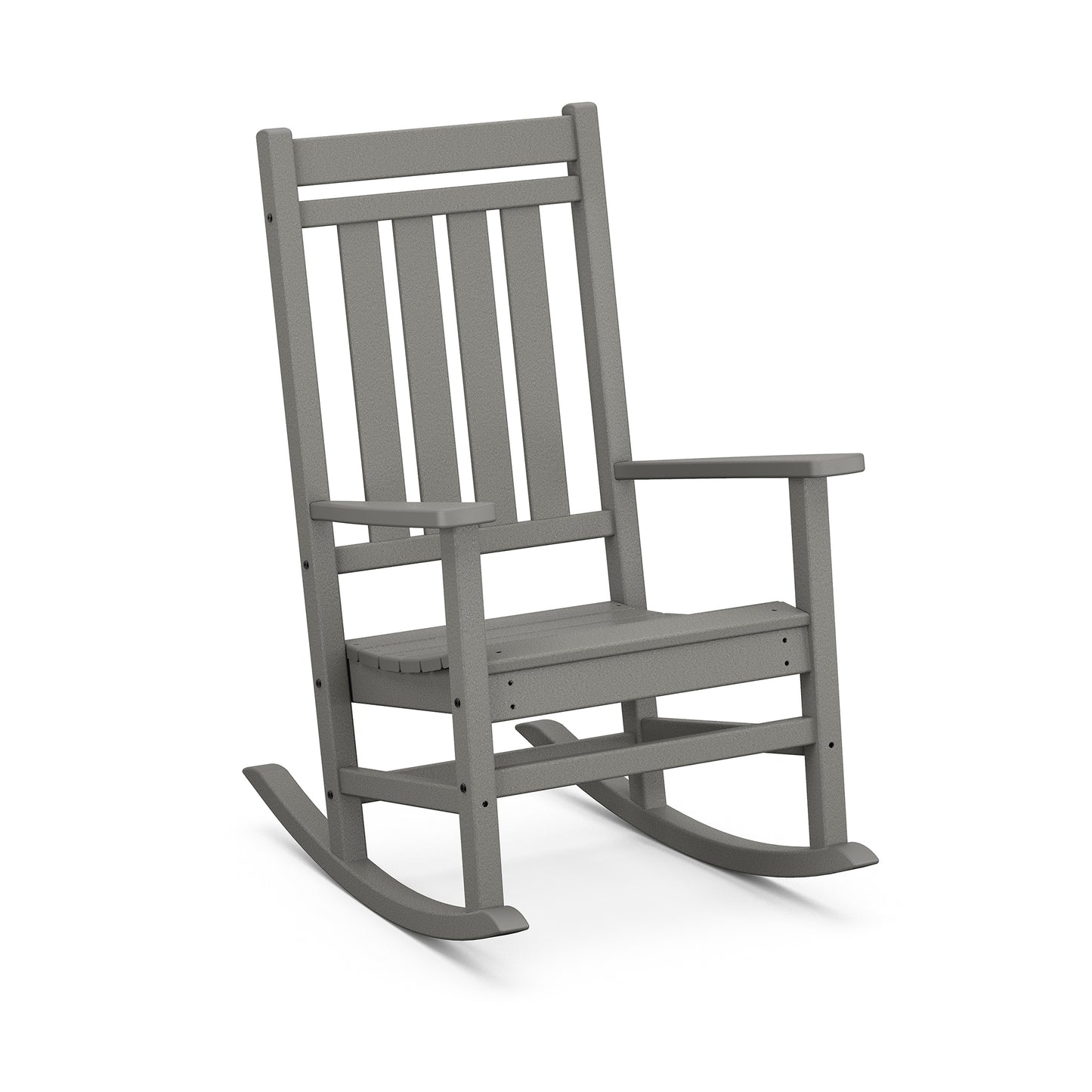 POLYWOOD Estate Rocking Chair with fade-resistant gray finish, slatted back, armrests, and curved rockers.