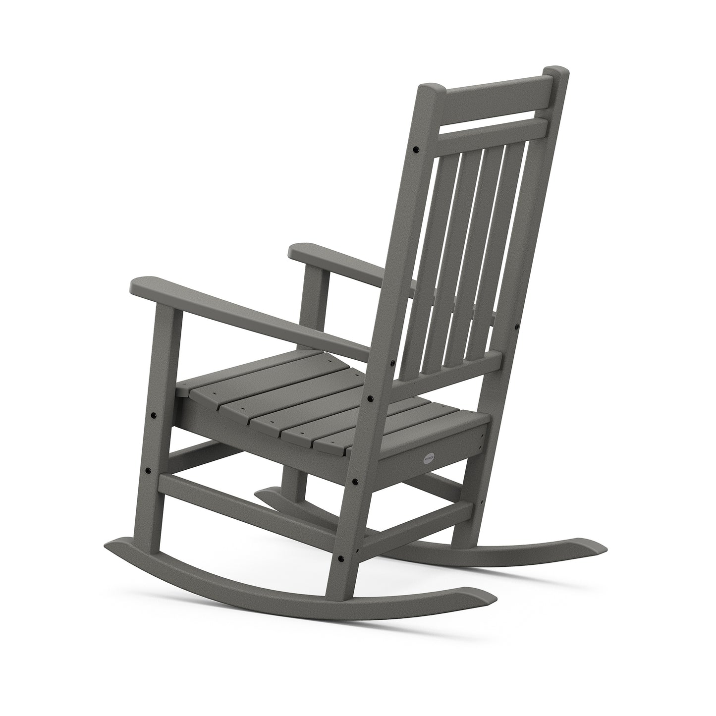 A gray outdoor POLYWOOD Estate Rocking Chair made of POLYWOOD® synthetic material, featuring a traditional slatted back and seat design, set against a plain white background.