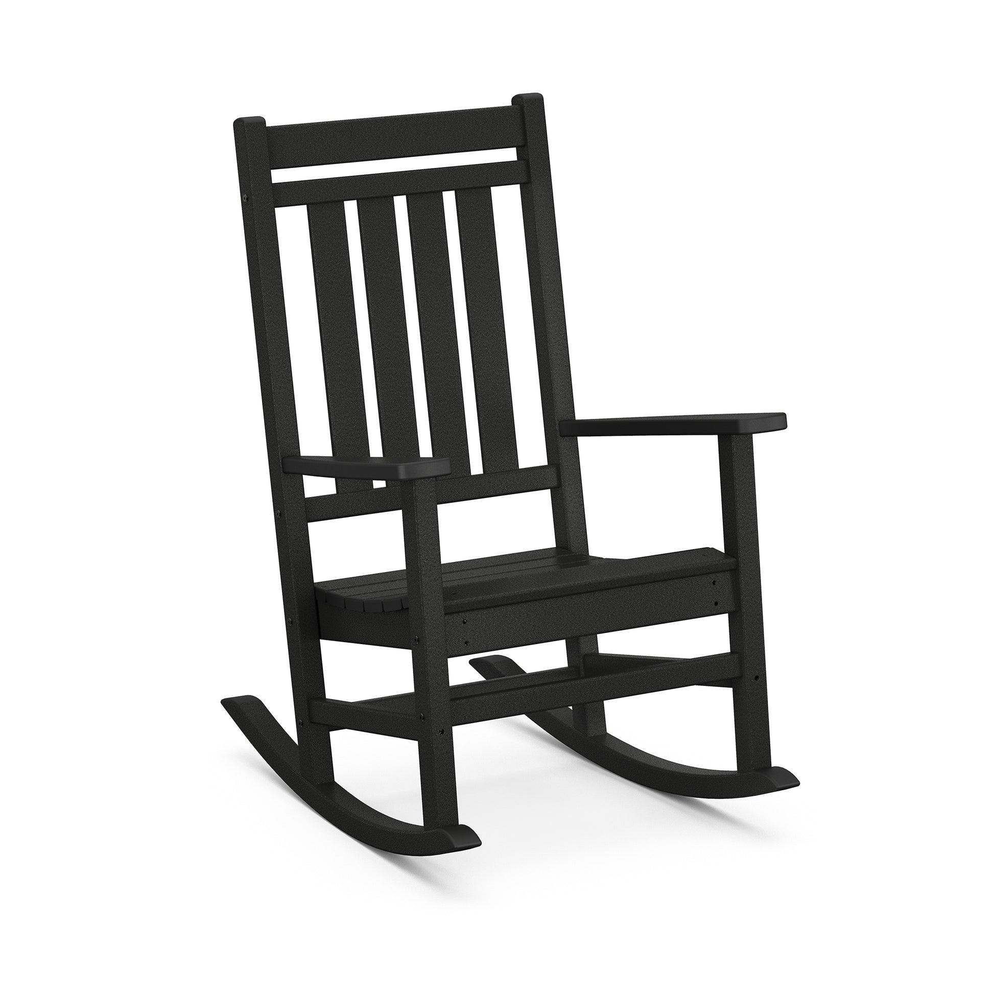 Black POLYWOOD Estate Rocking Chair with slatted back and seat, designed for fade-resistant outdoor comfort.