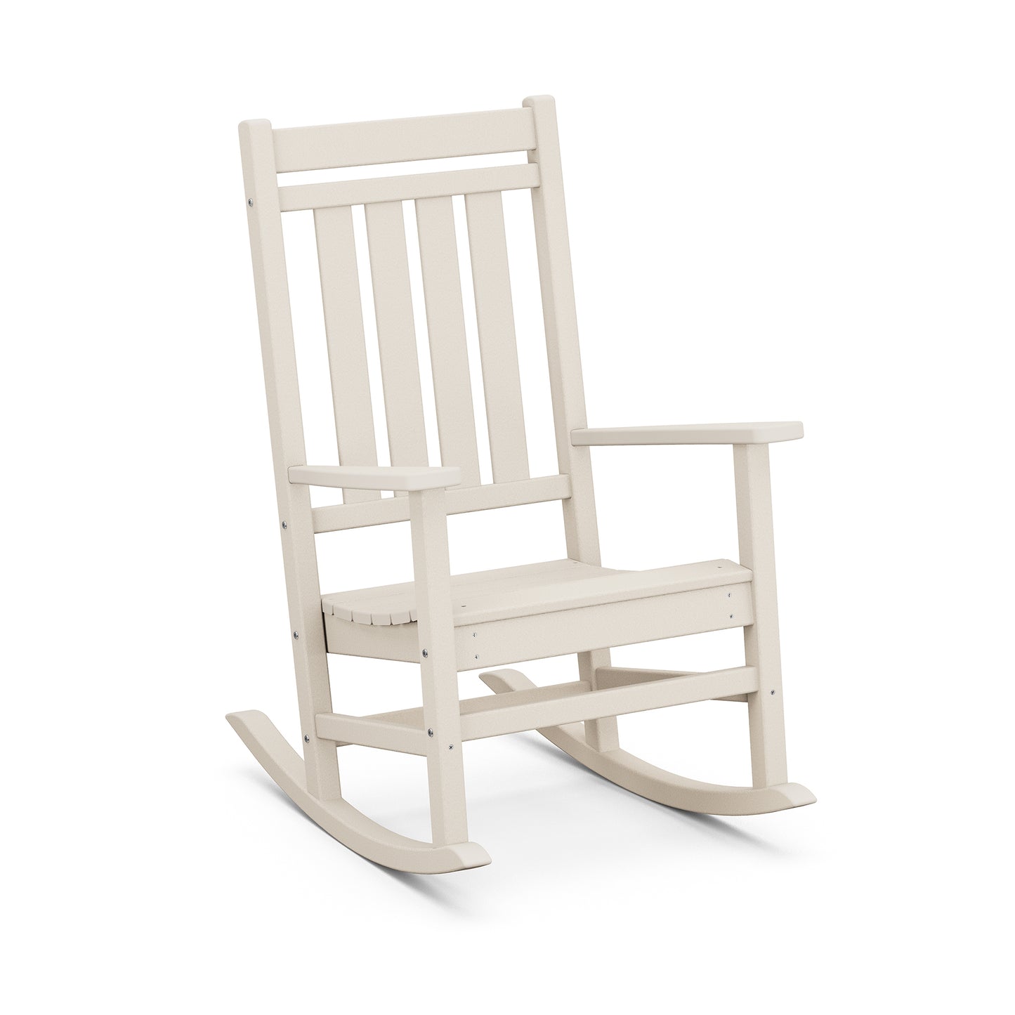 An off-white POLYWOOD Estate Rocking Chair with vertical slats on the backrest and an ergonomic seat, shown against a plain white background.
