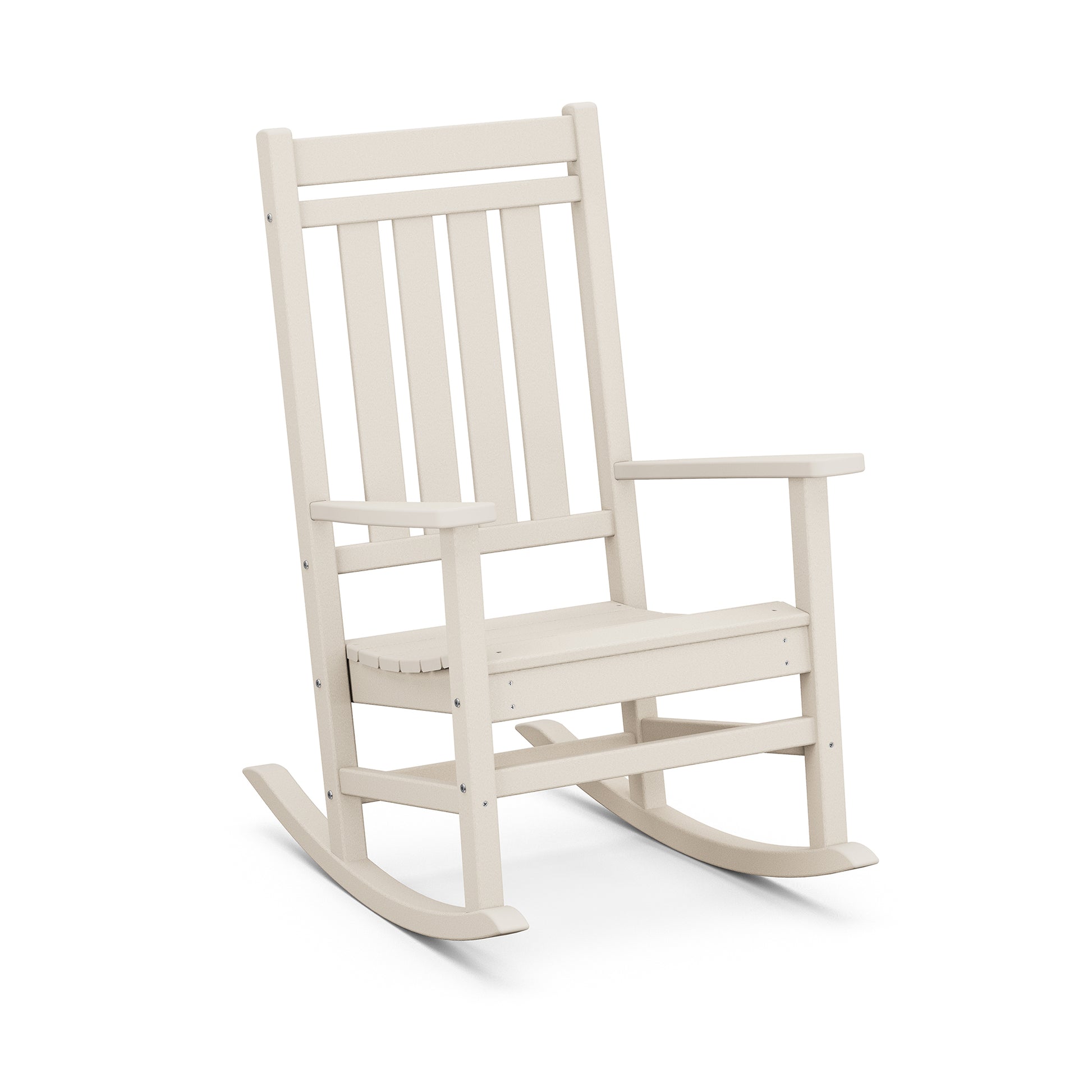 POLYWOOD Estate Rocking Chair with slatted back and seat, smooth curved rockers, and armrests designed for outdoor use.