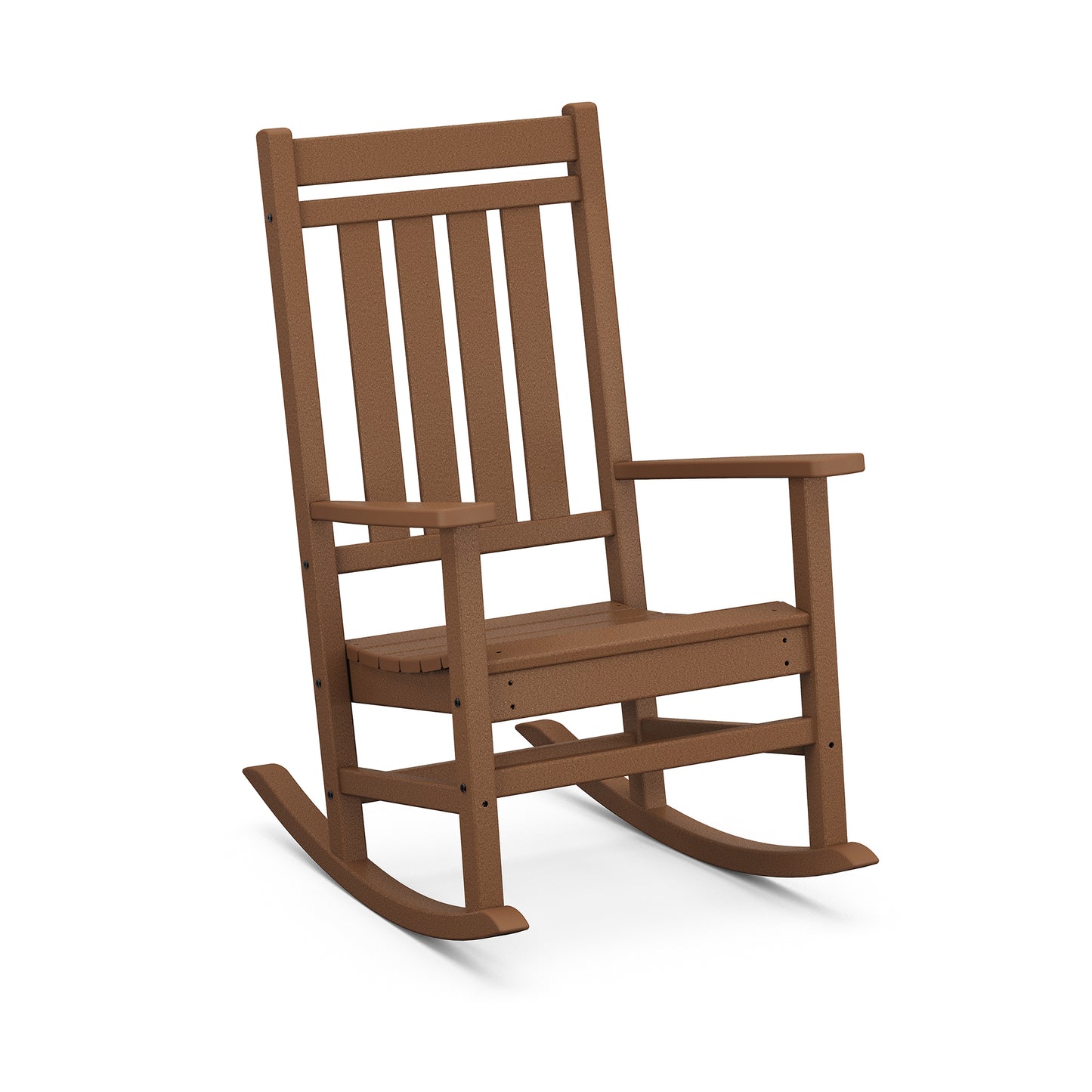 A POLYWOOD Estate Rocking Chair in a rich brown color, featuring a vertical slat back and an ergonomic seat with curved rockers, isolated on a white background.