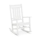 A traditional white POLYWOOD® Estate Rocking Chair with vertical slats on its backrest and an ergonomic seat, sitting on a plain white background.