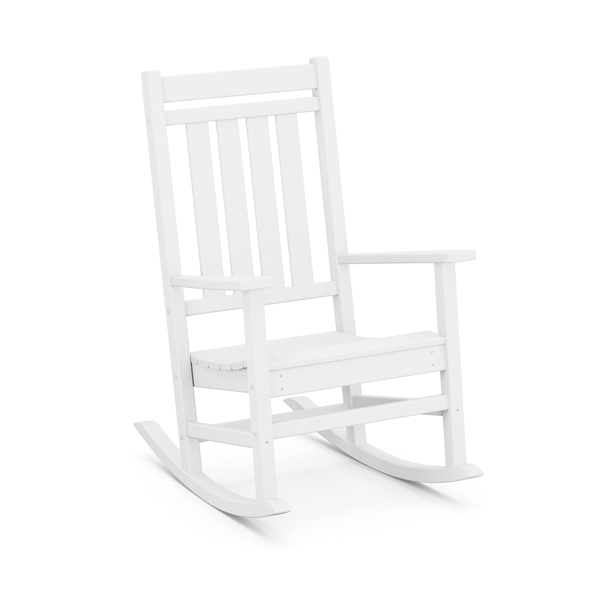 White POLYWOOD Estate Rocking Chair with vertical backrest slats and durable marine-grade hardware.