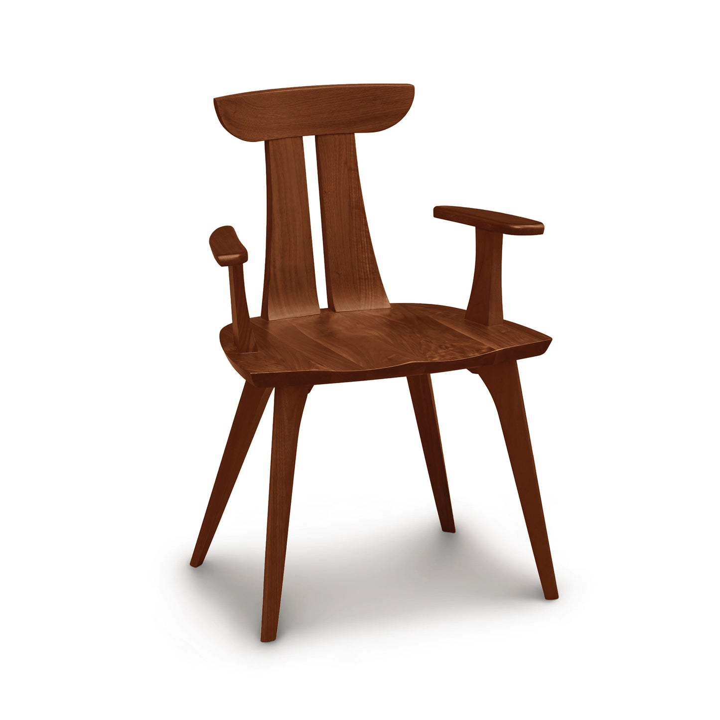Mid-century modern Estelle Chair by Copeland Furniture, featuring slanted legs and a curved backrest made of solid American hardwoods.