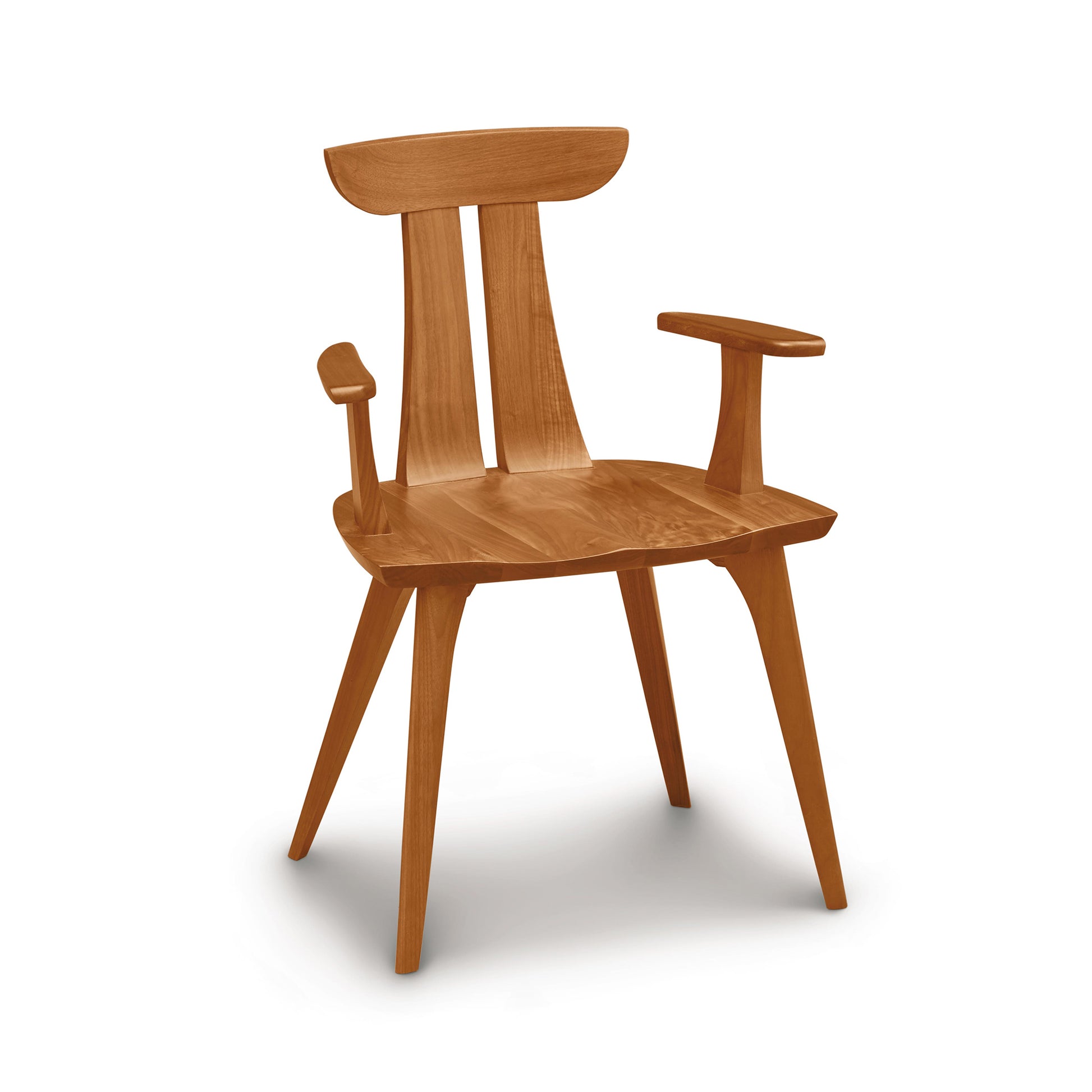 Estelle Cherry Arm Chair by Copeland Furniture with a sculpted curved backrest and angled legs, showcasing its elegant, handcrafted wood design.