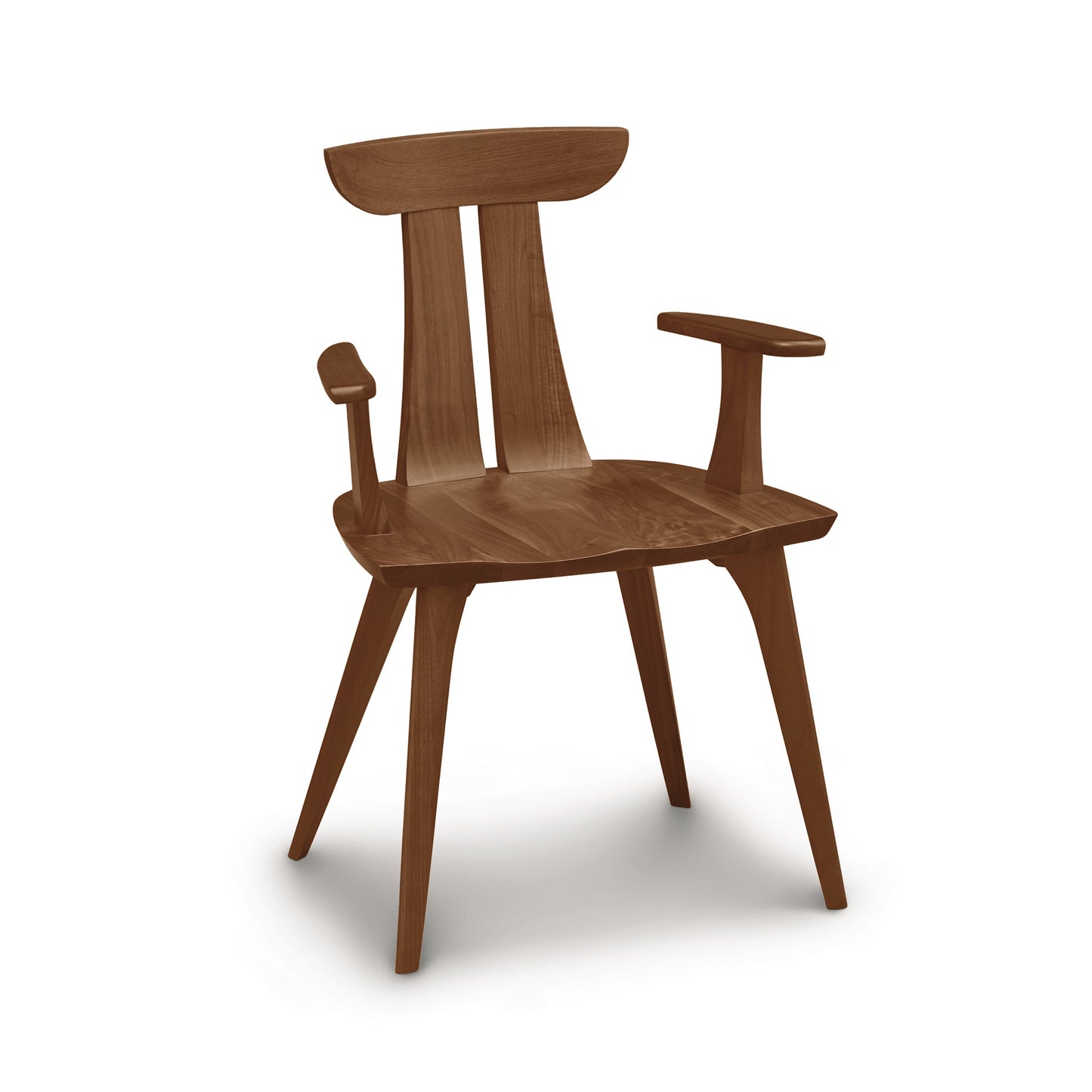 Estelle Chair by Copeland Furniture, crafted in Vermont from solid American hardwoods, features an angular backrest and splayed legs.