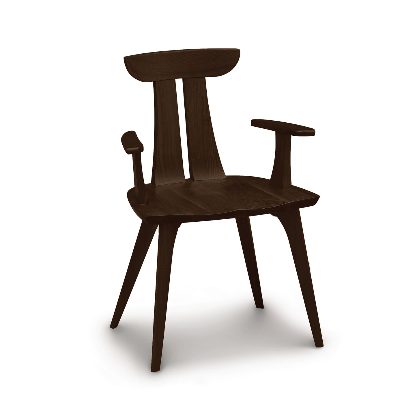 Modern Estelle Chair by Copeland Furniture, crafted from dark hardwood with high backrest and armrests, on a white background.