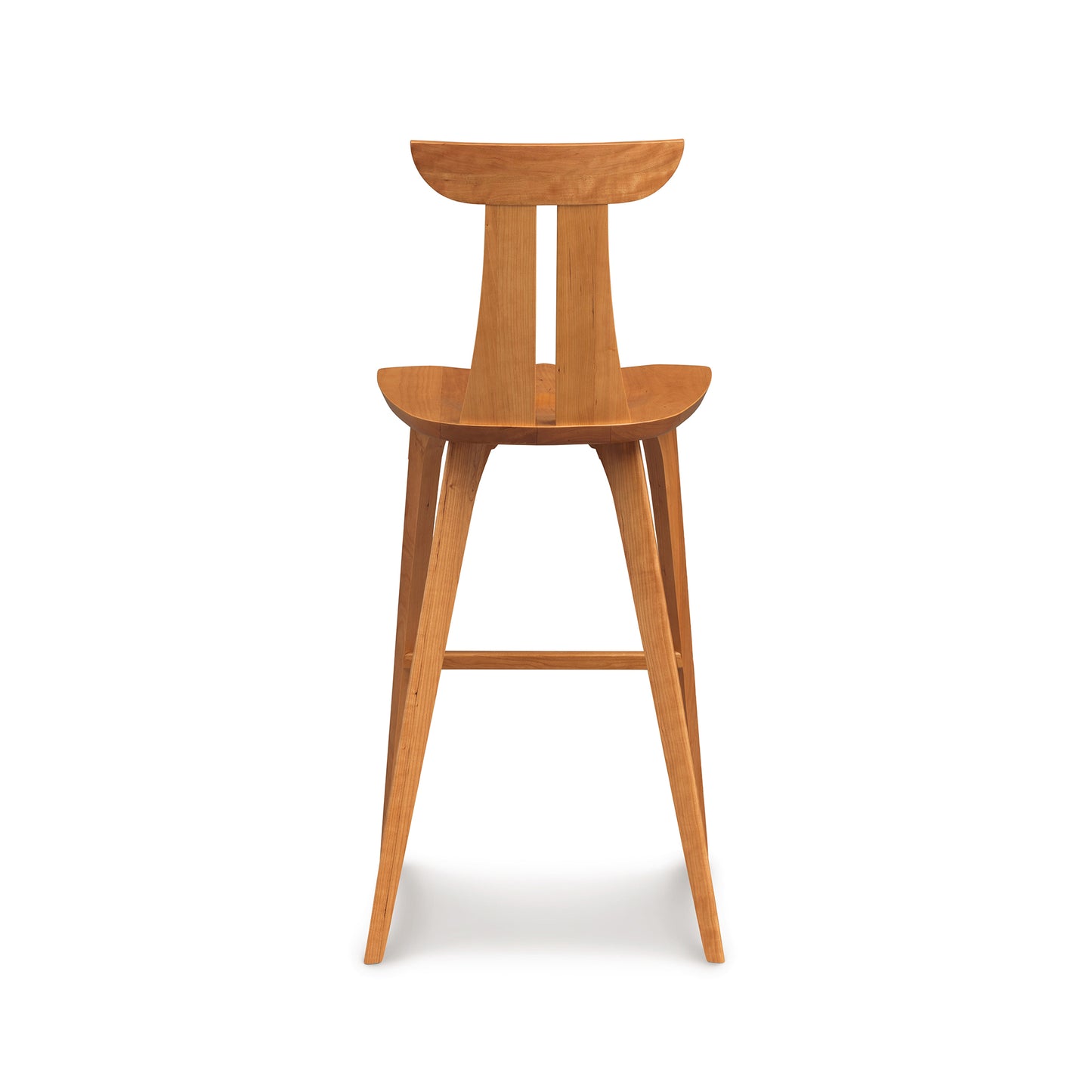 Copeland Furniture Estelle Bar Stool crafted from American hardwood, showcasing its elegant curved backrest and angled legs, rear view.