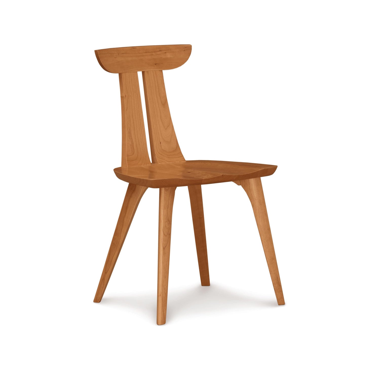 A wooden dining chair on a white background.