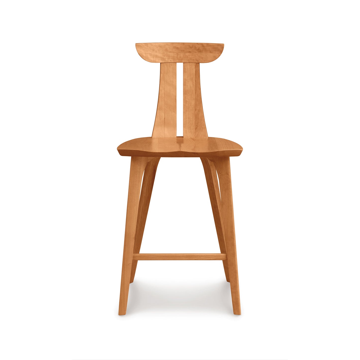 A mid-century modern Estelle Counter Stool by Copeland Furniture with a tall backrest isolated on a white background.