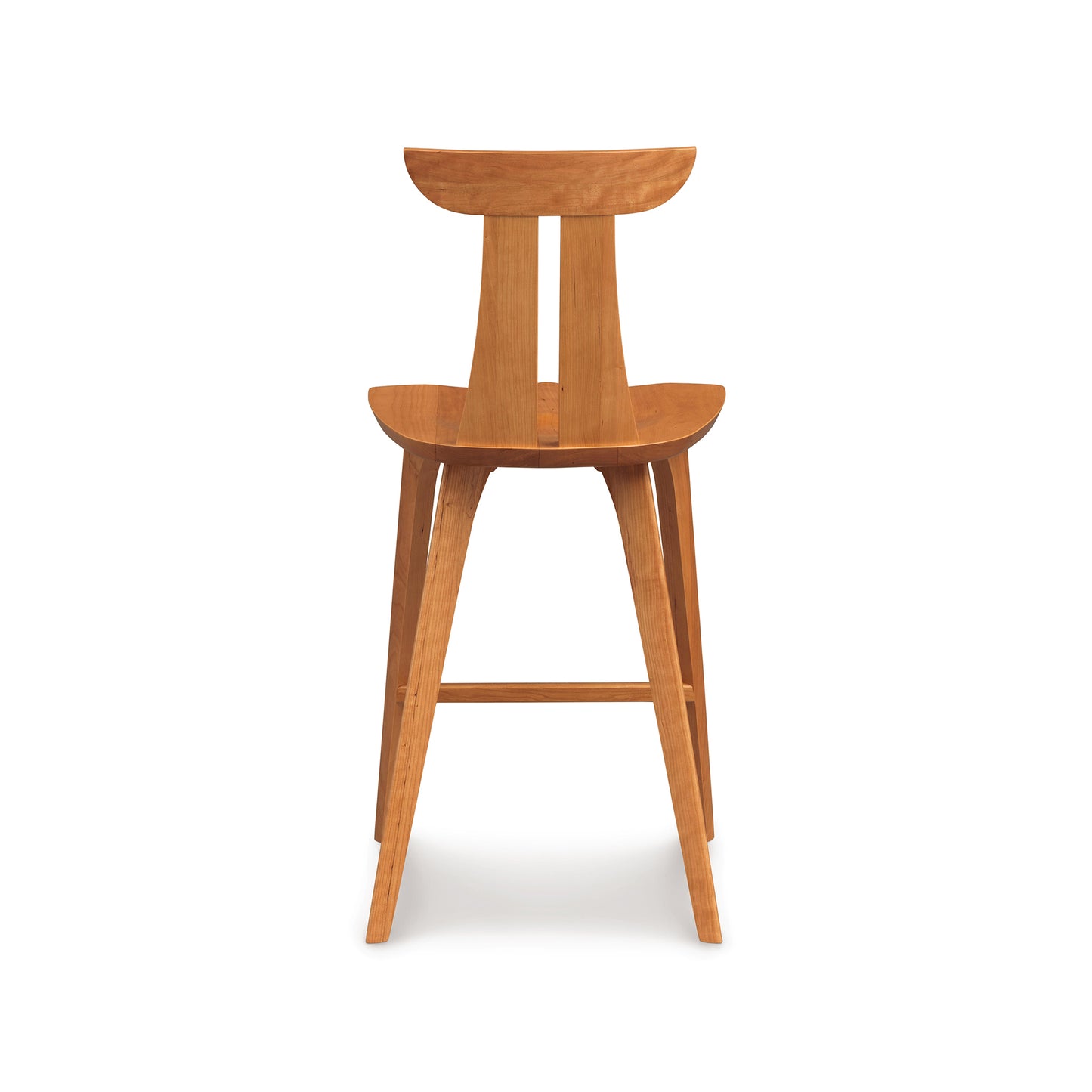 Estelle Counter Stool by Copeland Furniture, showcasing a sculpted wooden seat, curved backrest, and elegantly angled legs in a mid-century modern design.