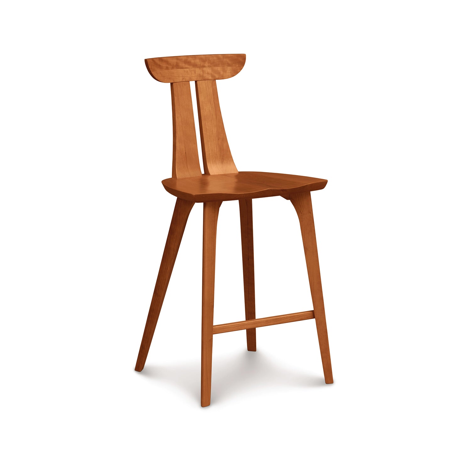 Estelle Counter Stool by Copeland Furniture with a sculpted curved backrest and angled legs, expertly handcrafted in Vermont from solid wood.