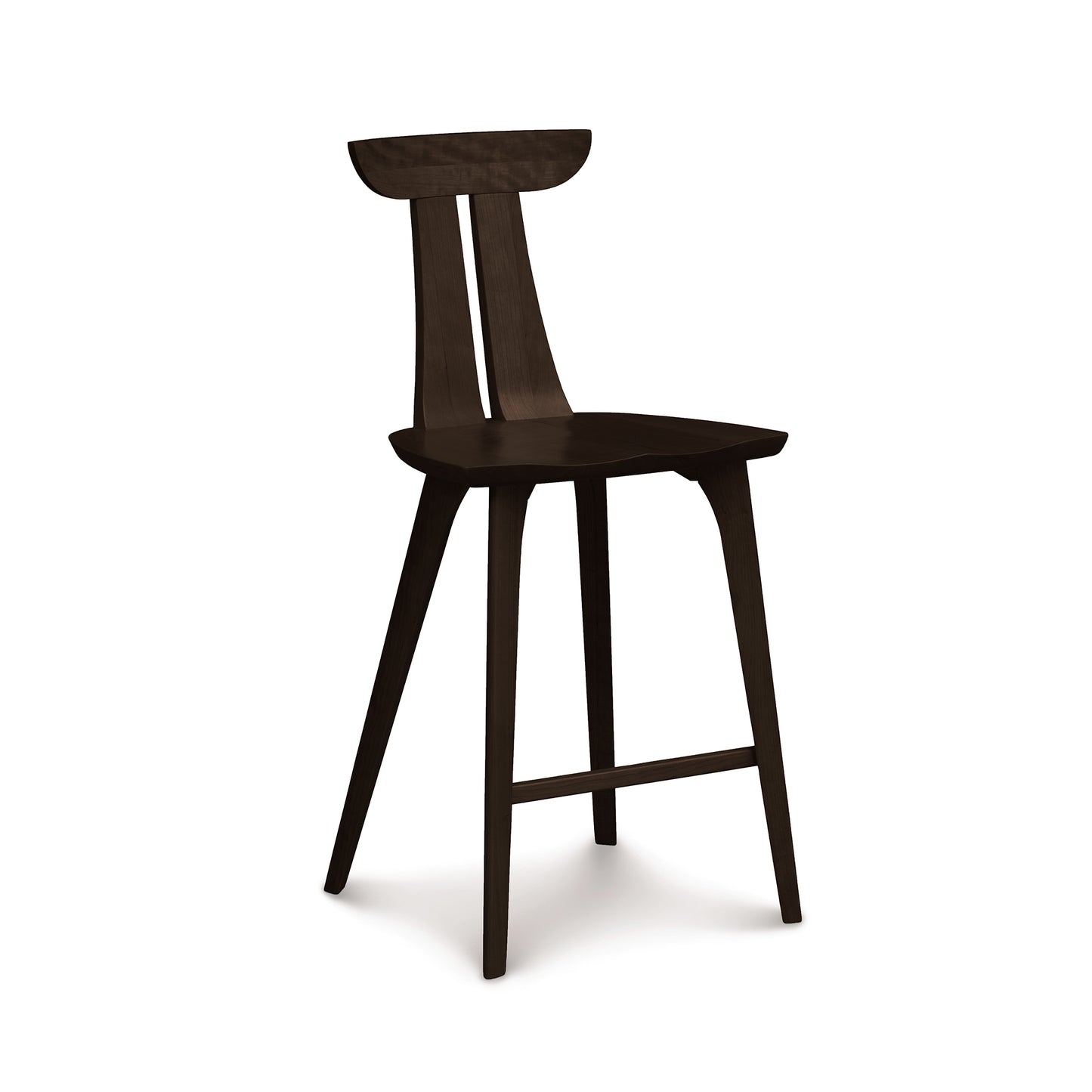 Estelle Counter Stool by Copeland Furniture with a dark wood finish, sculpted curved backrest, and sturdy four-leg design; expertly handcrafted in Vermont.
