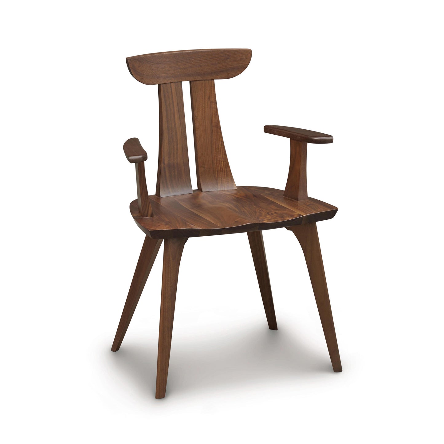 Sleek Estelle Chair by Copeland Furniture featuring armrests and a high backrest, crafted from American hardwoods. Modern design highlights the natural beauty of quality wood.