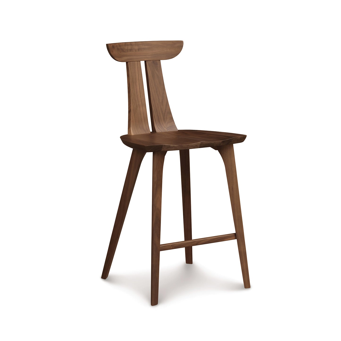Estelle Counter Stool by Copeland Furniture with a sculpted curved backrest, angled legs, and footrest in natural wood finish.
