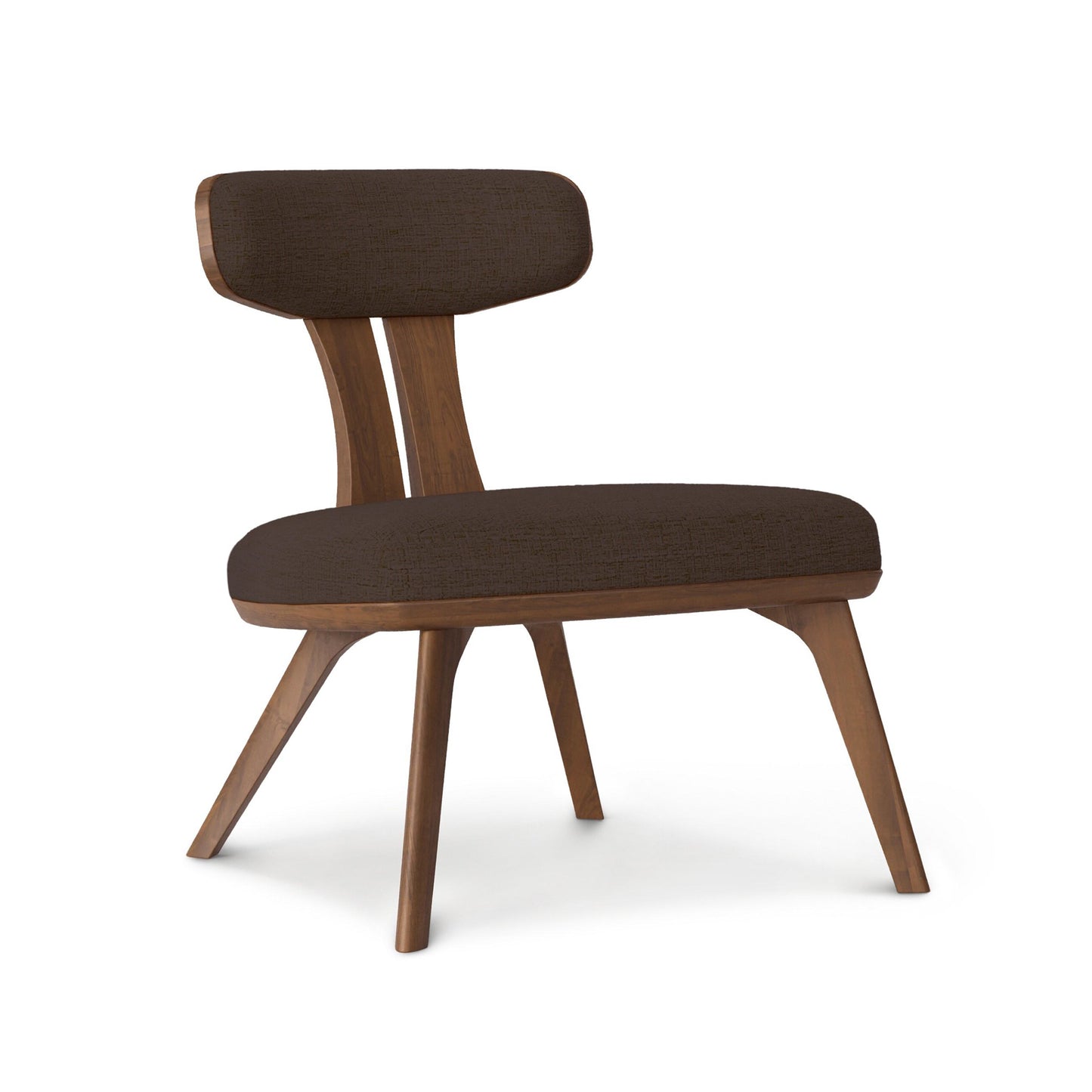 Estelle Walnut Lounge Chair by Copeland Furniture with dark brown cushioned seat, angled legs, crafted from sustainably harvested American hardwoods.
