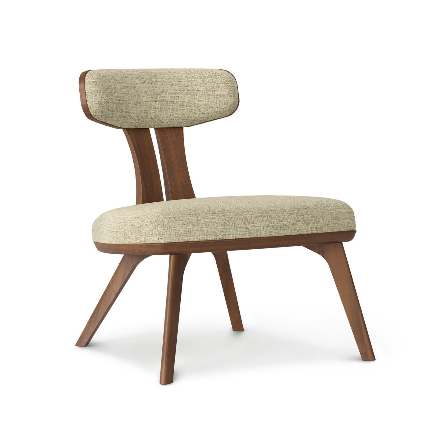 Estelle Walnut Lounge Chair by Copeland Furniture with cushioned backrest, light beige seat, and angled legs in a sleek mid-century modern design.