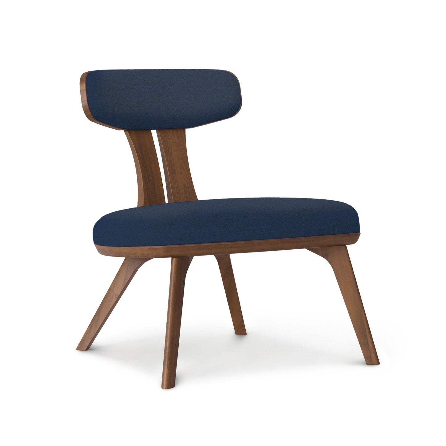Estelle Walnut Lounge Chair by Copeland Furniture with American hardwood frame and dark blue cushions, showcasing a mid-century modern design.