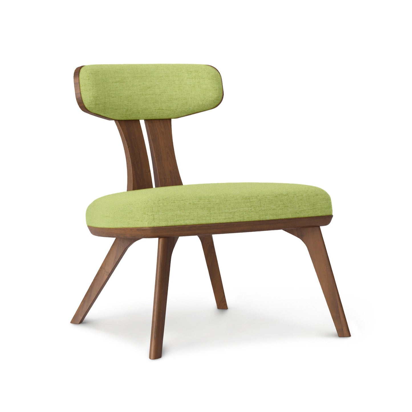 Estelle Walnut Lounge Chair by Copeland Furniture: mid-century modern design with splayed legs, featuring a green cushioned seat and backrest.