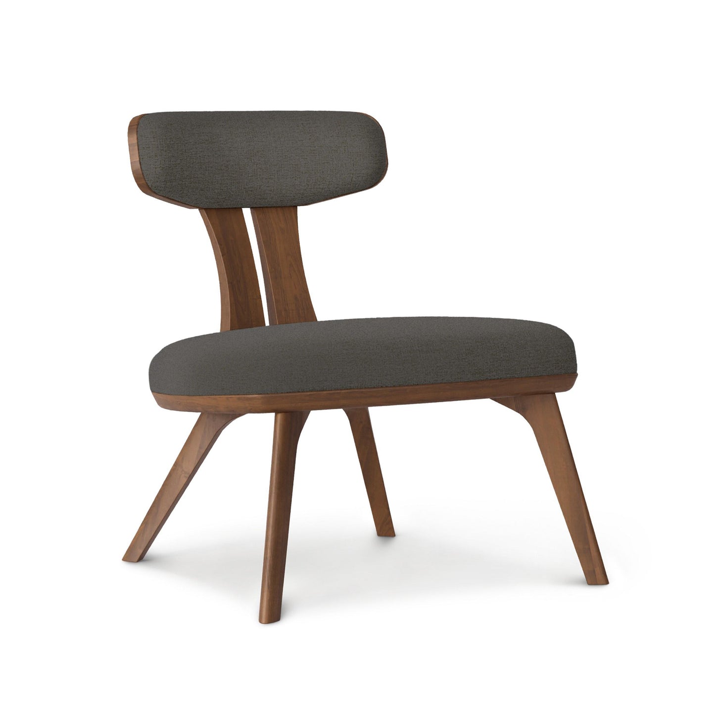 Estelle Walnut Lounge Chair by Copeland Furniture with dark upholstery, angled legs, and minimalist mid-century design.