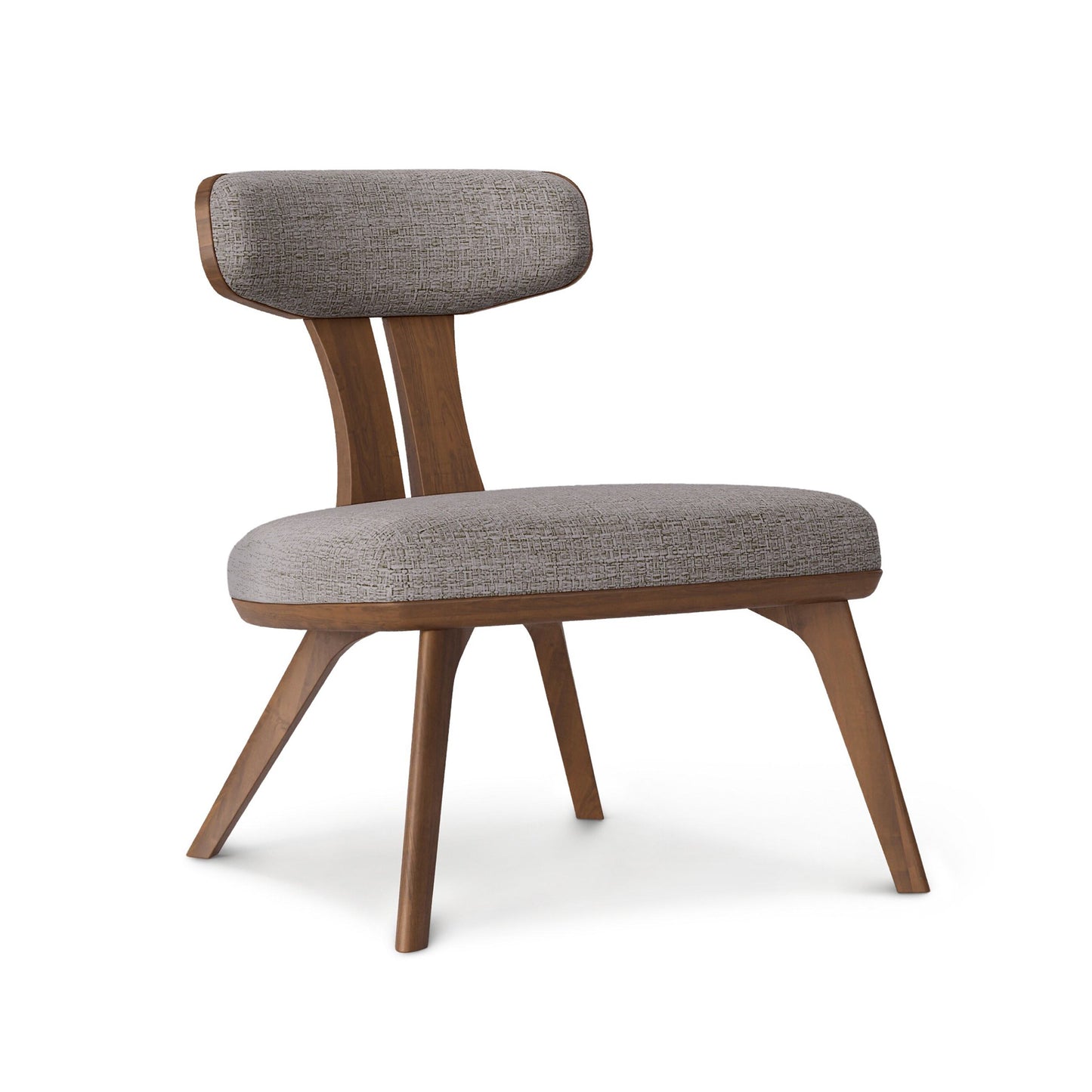 Estelle Walnut Lounge Chair by Copeland Furniture with gray fabric cushion, angled legs, and minimalist mid-century design.