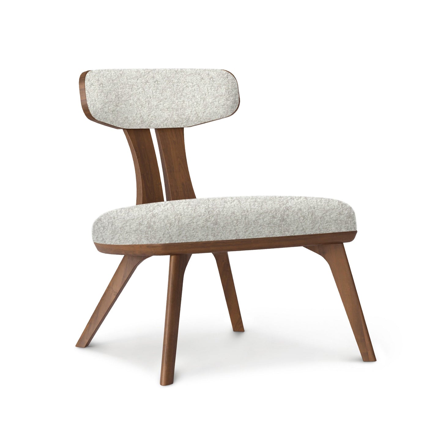 Estelle Walnut Lounge Chair by Copeland Furniture with mid-century modern design, light gray cushioned seat, crafted from American hardwoods.
